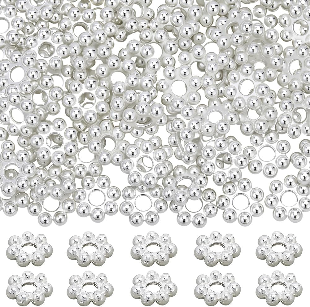 Beebeecraft 80Pcs 6mm Flower Spacer Beads 925 Sterling Silver Plated 304 Stainless Steel Loose Rondelle Granulated Spacer Beads for Jewelry Making Bracelet Necklace DIY Findings Supplies