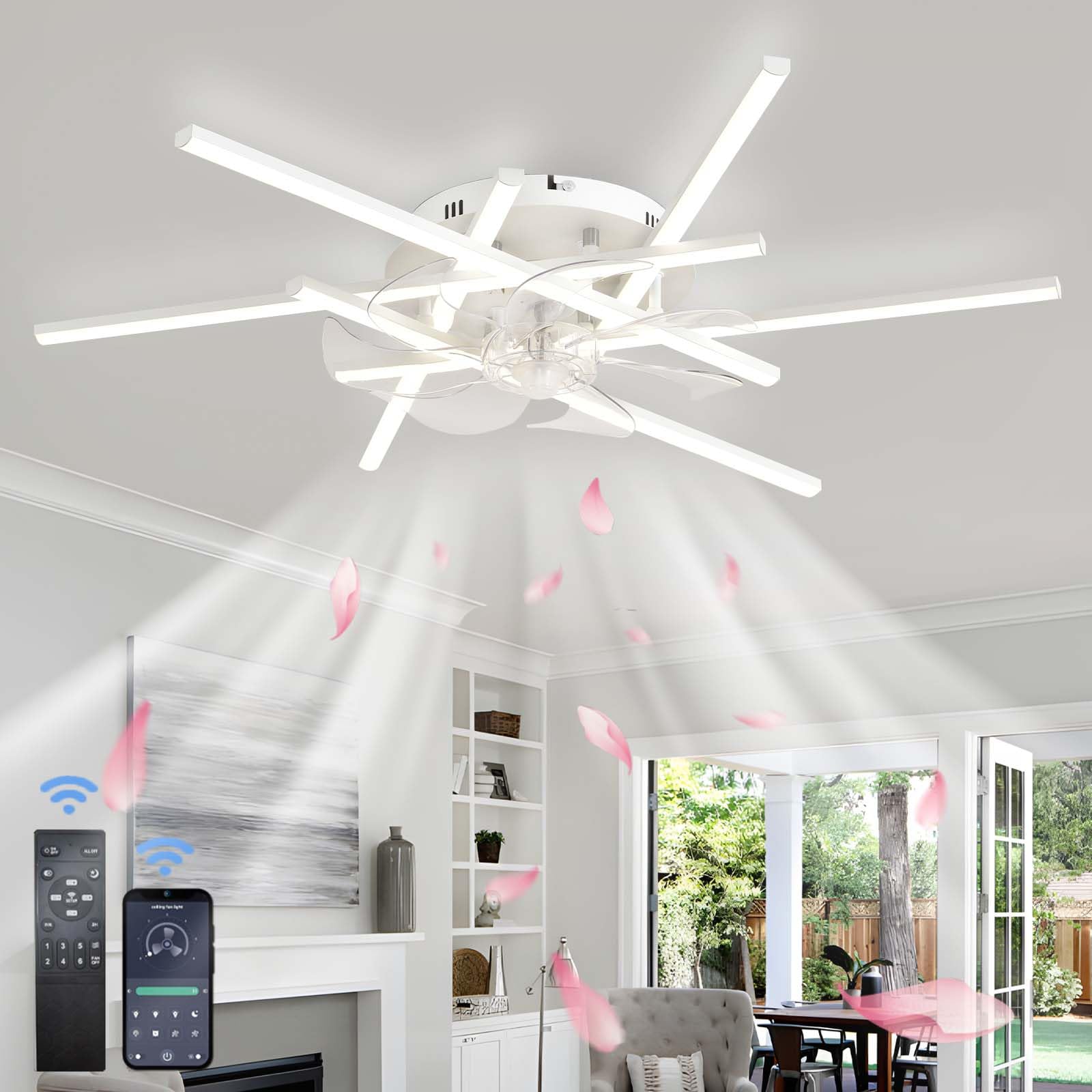 HXYSXHJUO Ceiling Fans with Lights,aplikacja I Pilot Zdalnego Sterowania, Lamps, Reversible DC Motor，Stepless Color Temperature,Quiet Fan Lights for Bedroom Living Room-White