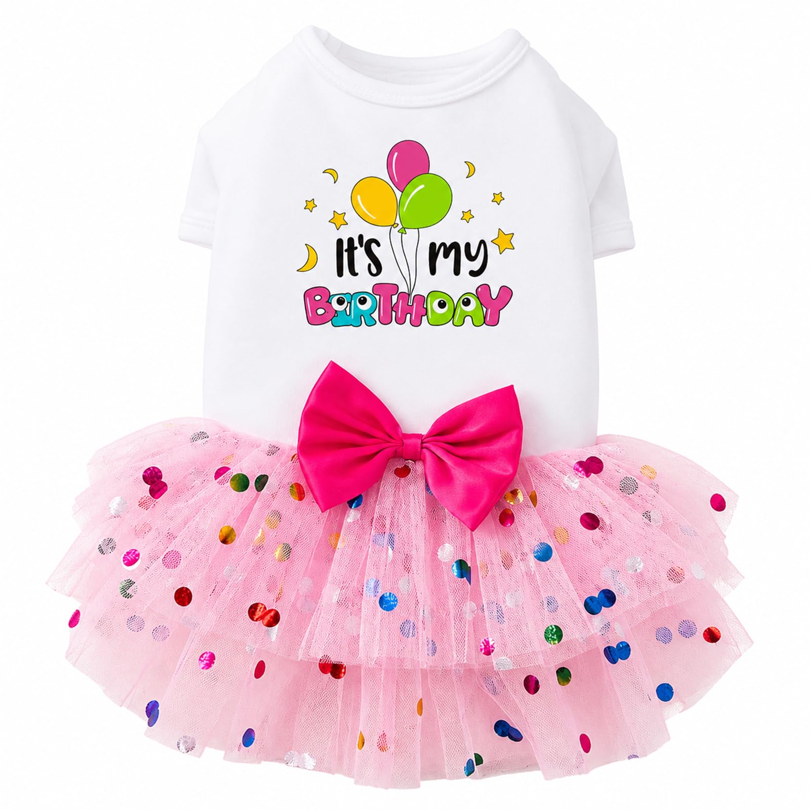Yaopelky Birthday Dog Dress for Girl Dogs, Cute Puppy Princess Tutu Skirt with Balloon Birthday Print and Shiny Bow Pet Clothes for Small Medium Dogs Party Dress Outfit (White, XS(1-2kg))