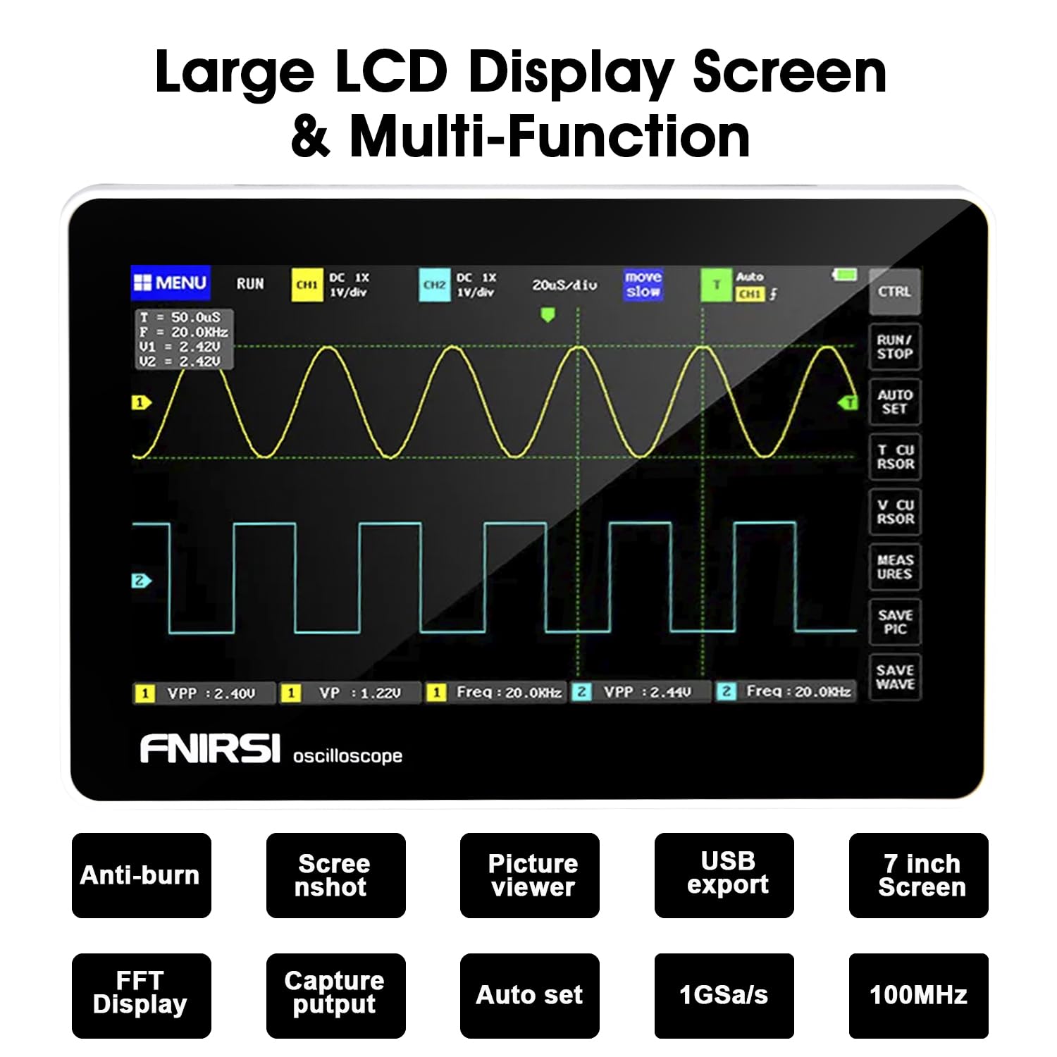 Oscilloscopio Tablet a 2 Canali, WapoRich Oscilloscopio Portatile con Sonda ad Alta Tensione 100X, Larghezza di Banda 100MHz, Frequenza di Campionamento 1GSa/s, Memoria per 1000 Screenshot