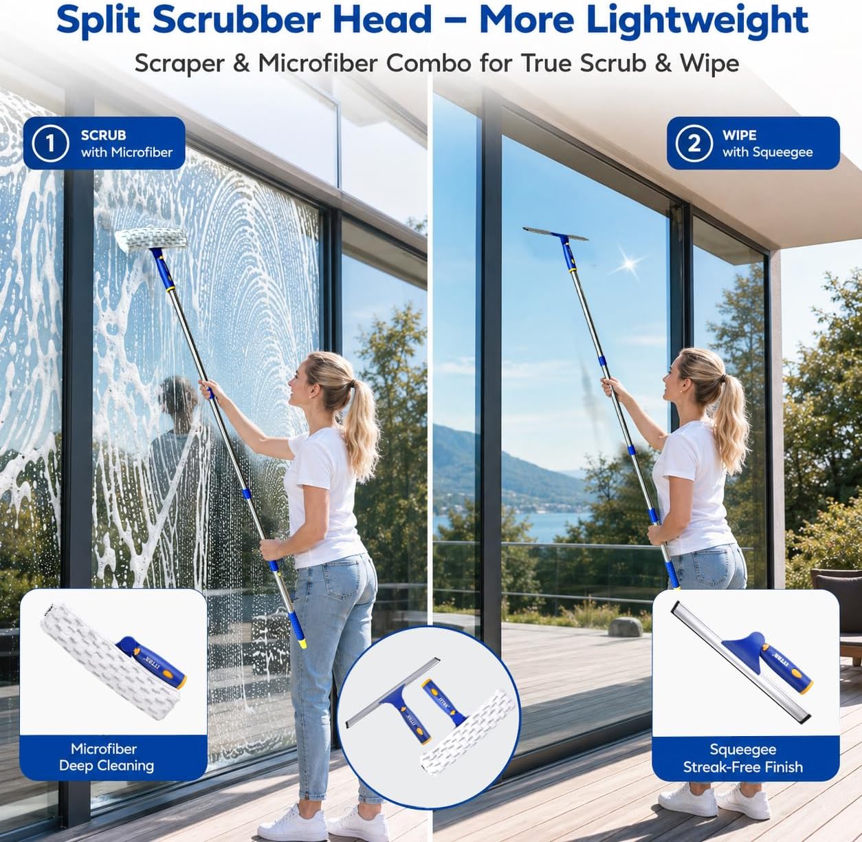 ITTAR Window Squeegee with 2 Sets Separate Pole, 12" Rubber Squeegee and 11" Microfiber Pads, 60"-73.6" Telescopic Window Cleaning Kit with Rotating Head for High Windows, Shower Glass, Car Windshield