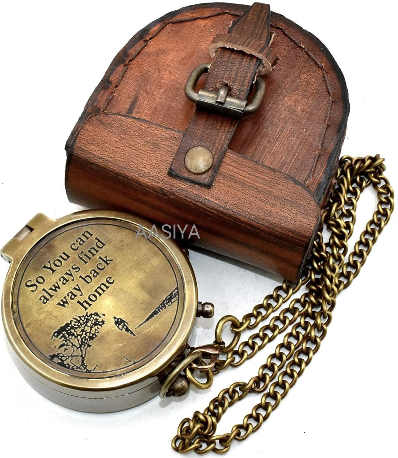 So You Can Always Find Way Back Home Antique Compass Beautiful Tree Desinge Pocket Compass with Leather Case Finding/Hiking Compass Birthday Gift Valentine Gift Christmass Day Gift Anniversary