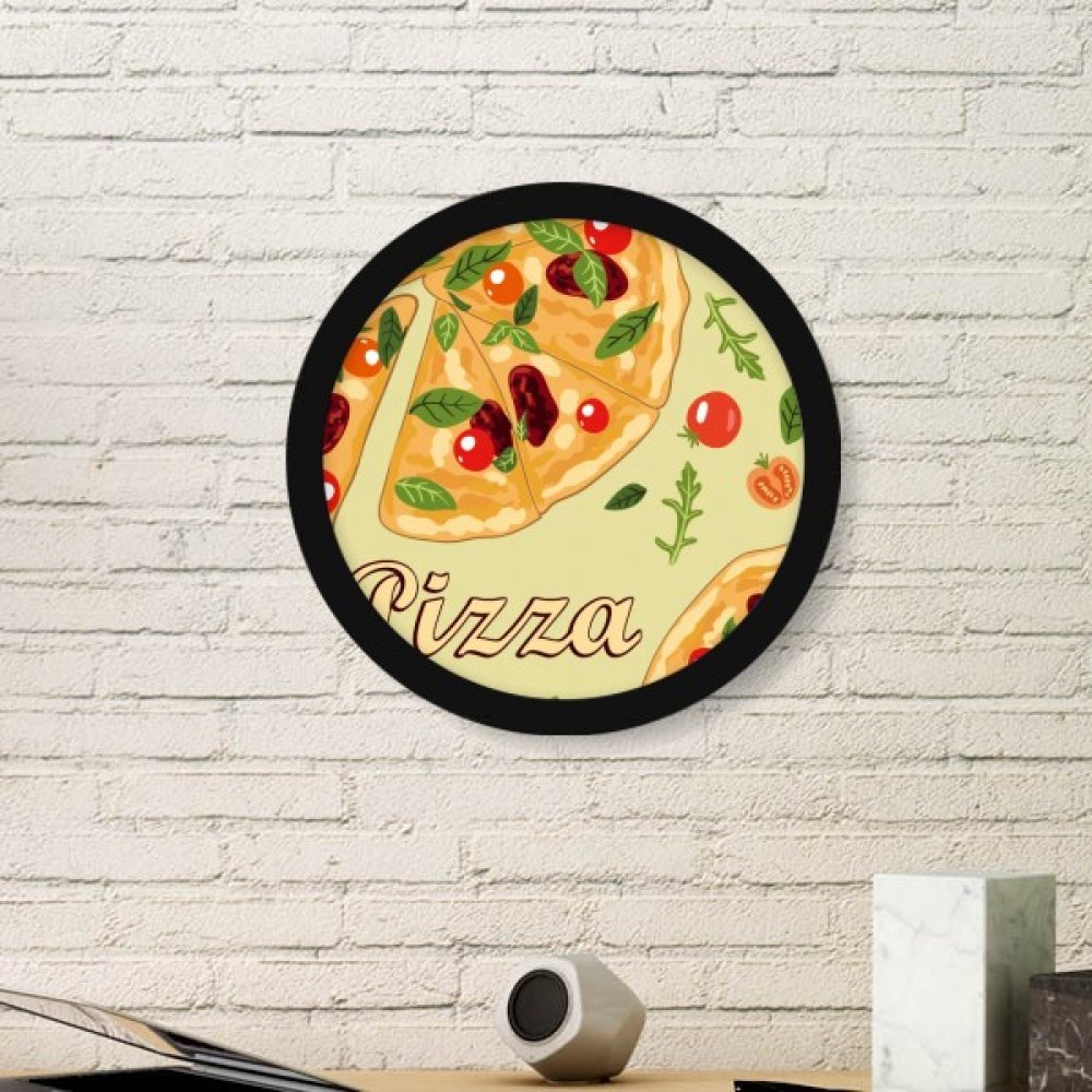Cadre photo bois rond décoratif grand format noir motif pizza Italie foods et feuille de tomate
