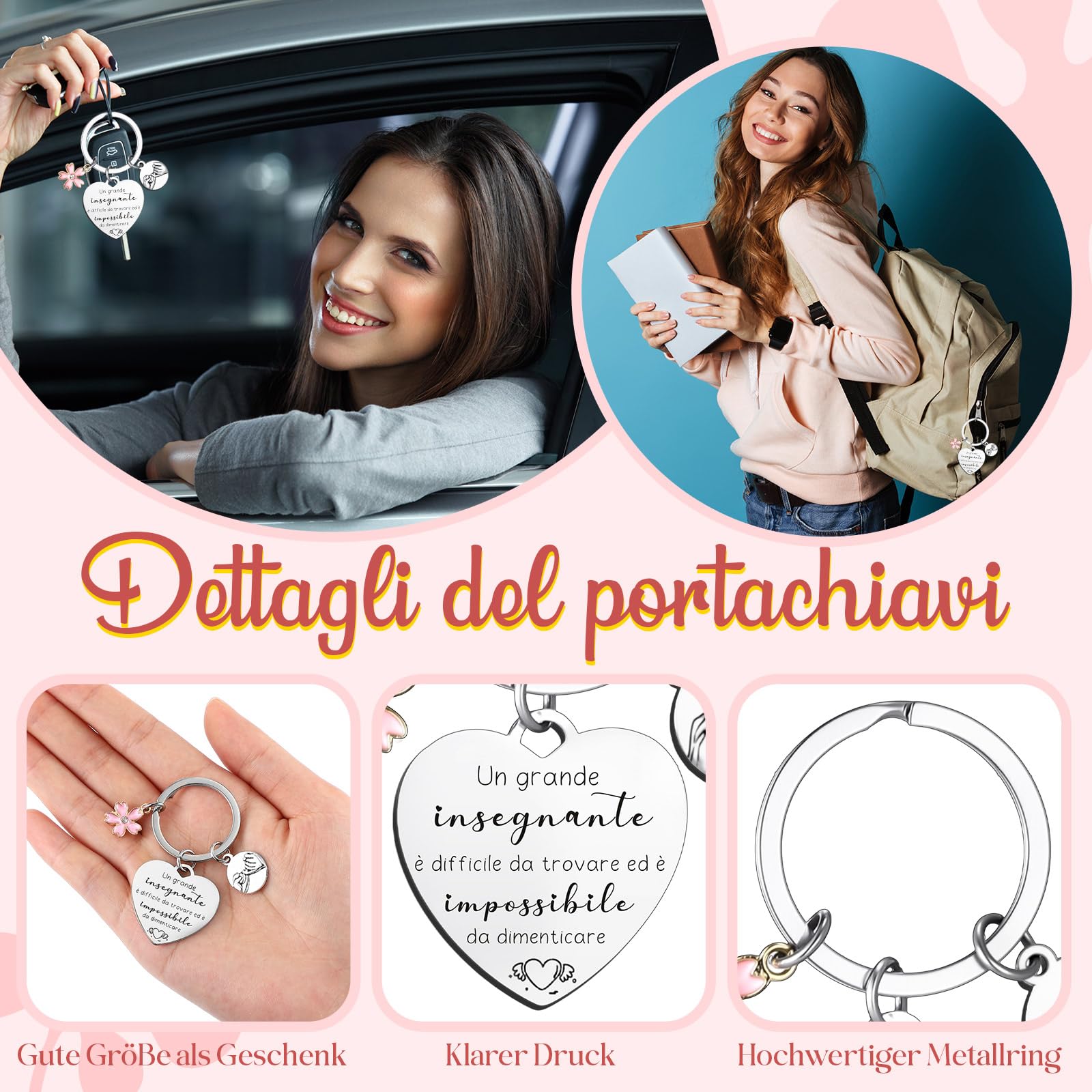Xuniea 3 Sets Regalo Maestra Regalo Maestra Fine Anno Regali per Insegnanti, Borse Cosmetici Portachiavi Penne e Biglietti per Grazie, Laurea, Compleanno, ‌Festa degli Insegnanti