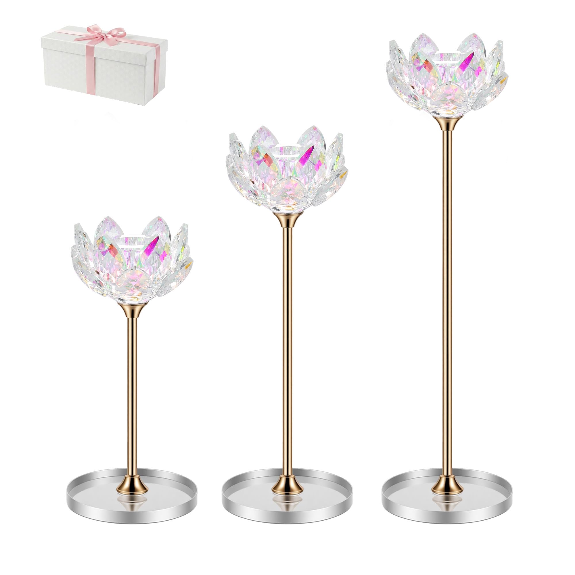Crystal Candle Holders Set of 2, Lotus Flower Candlestick Holders with Mirror Base and Gift Box,Elegant Table Centerpieces for Home Decor, Wedding, Party (Gold, 3Pcs, Taper candle)