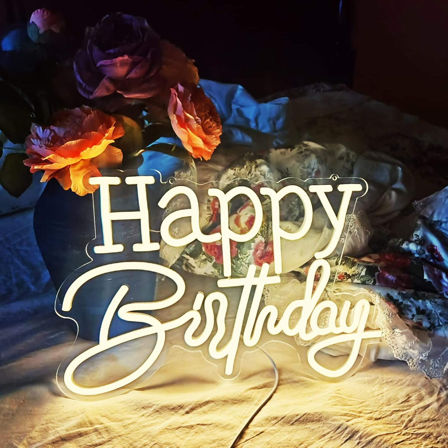 Happy Birthday Warm White LED Neon Sign for Wall Decoration Party Bedroom Room Bar Wedding Home Birthday Art Decoration Christmas Gift with USB Chain Light Modulator 5v 16.5"*10"