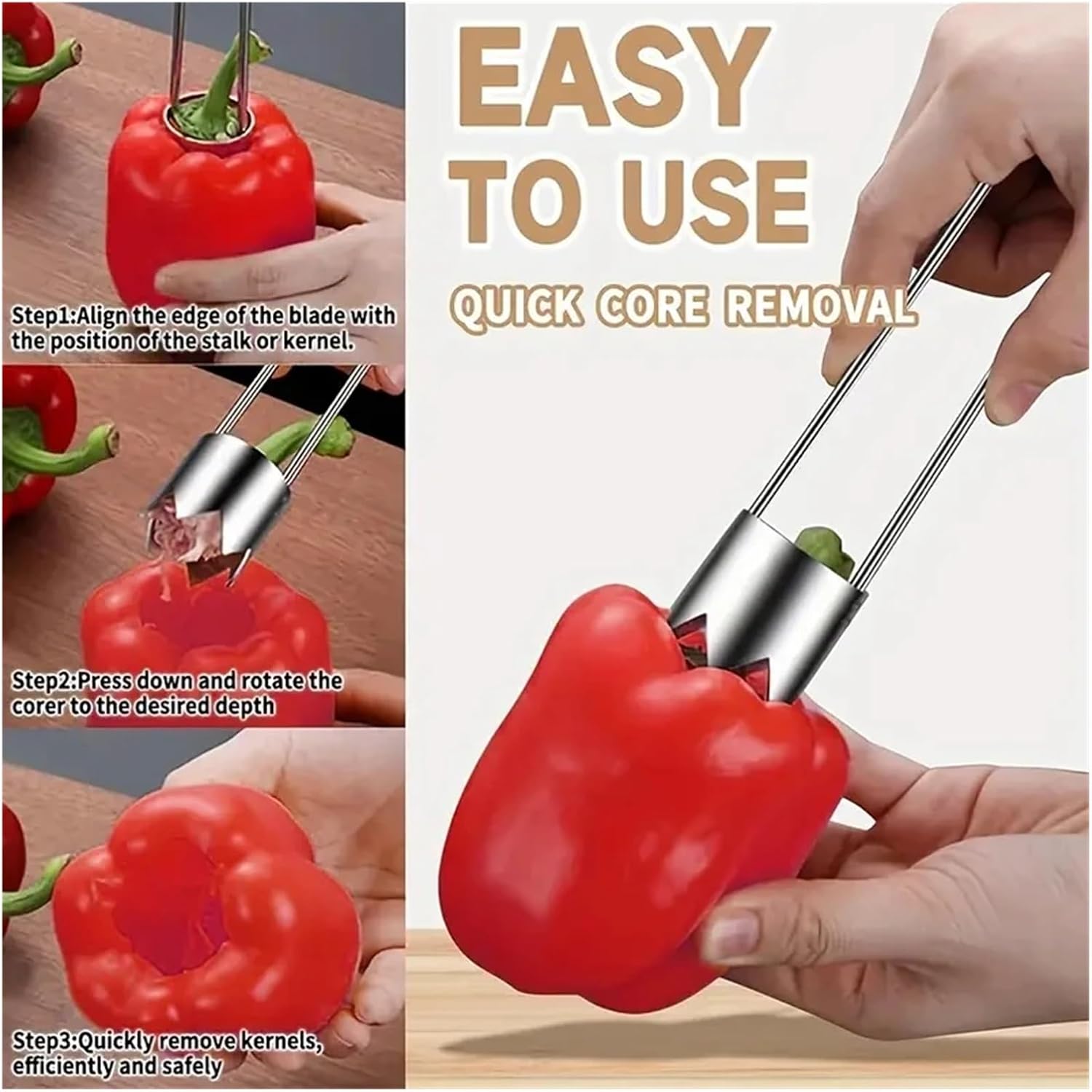 Fruit Vegetable Pepper Corer Seed Remover Stainless Steel Fruit Vegetable Corer Efficient Core Remover Tool For Pepper Tomato Cucumber Easy Home Kitchen Gadget(1PC)