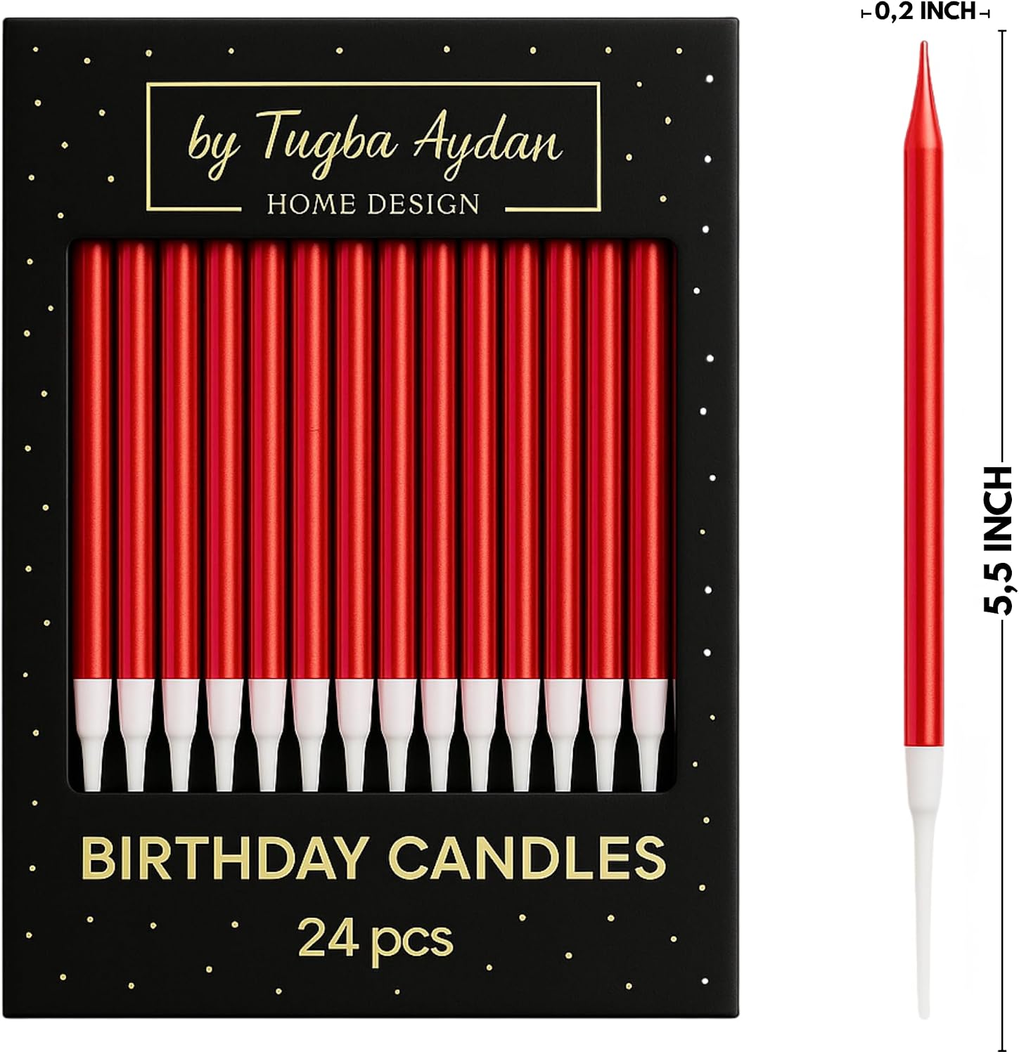 by Tugba Aydan - Red Birthday Candles - 24 Count Long Thin Red Birthday Candles for Cake, Metallic Cake Candle for Birthday, Party Candles