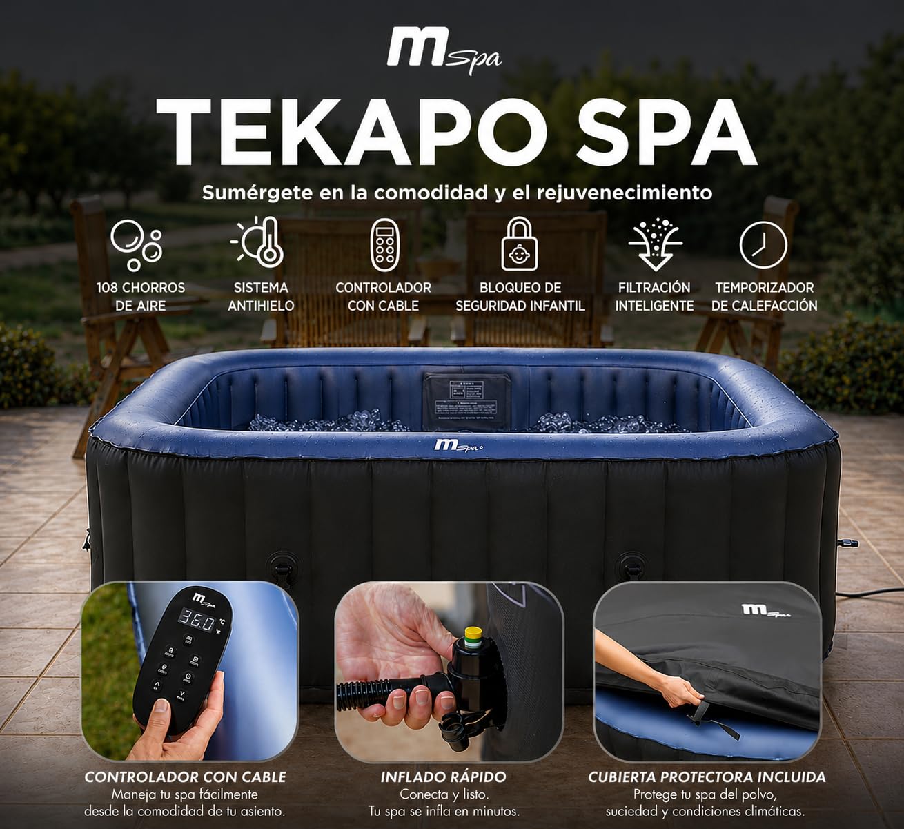 MSpa Tekapo SPA Hinchable Cuadrado 4 Personas con hidromasaje Air Jet, calefacción, filtración Inteligente, ozono y desinfección UVC