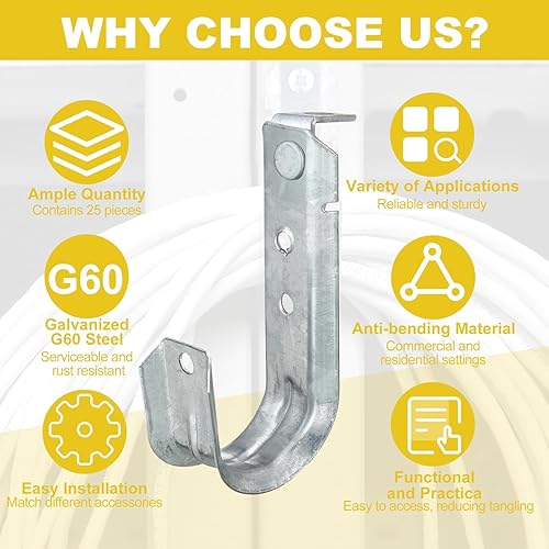 Miniatura 4 de Zonon 25 ganchos en J para montaje en techo, organización de cables, acero galvanizado resistente, soporte de metal en J para colgar y fijar a