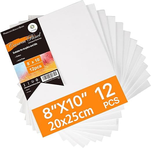 CONDA Canvas Boards for Painting, 8 x 10 inch, 12 Pack, 100% Cotton Canvas Panels, White Blank Canvases, Primed, Acid-Free, Artist Quality for Acrylic, Pouring Watercolor & Oil Painting