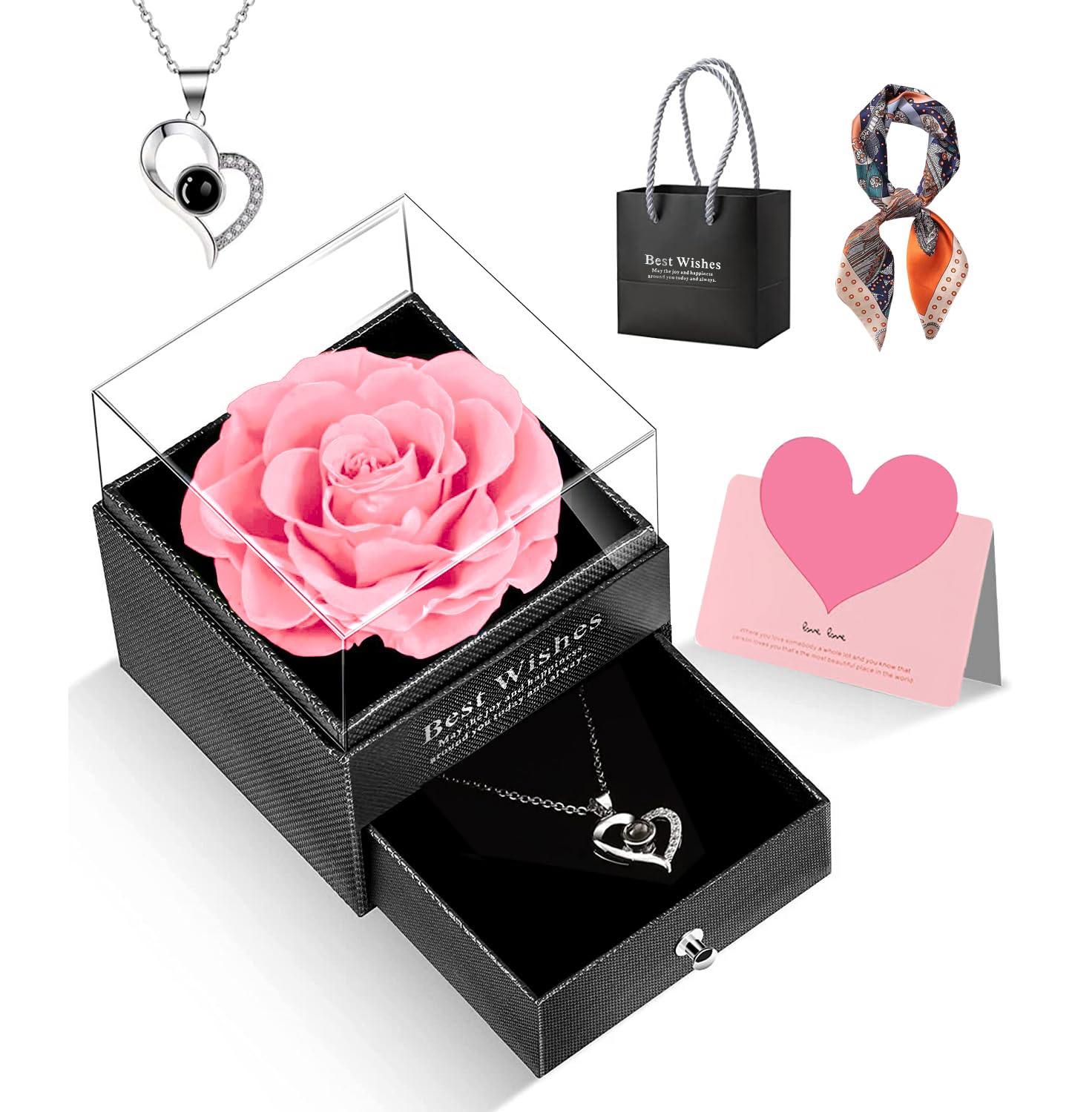 GOICC Idea Regalo per Lei, Rosa Eterna con I Love You, Collana, Confezione Regalo per la Festa della Mamma, Compleanno, Anniversario, Regalo per Mamma, Fidanzata, Moglie (Rosa)
