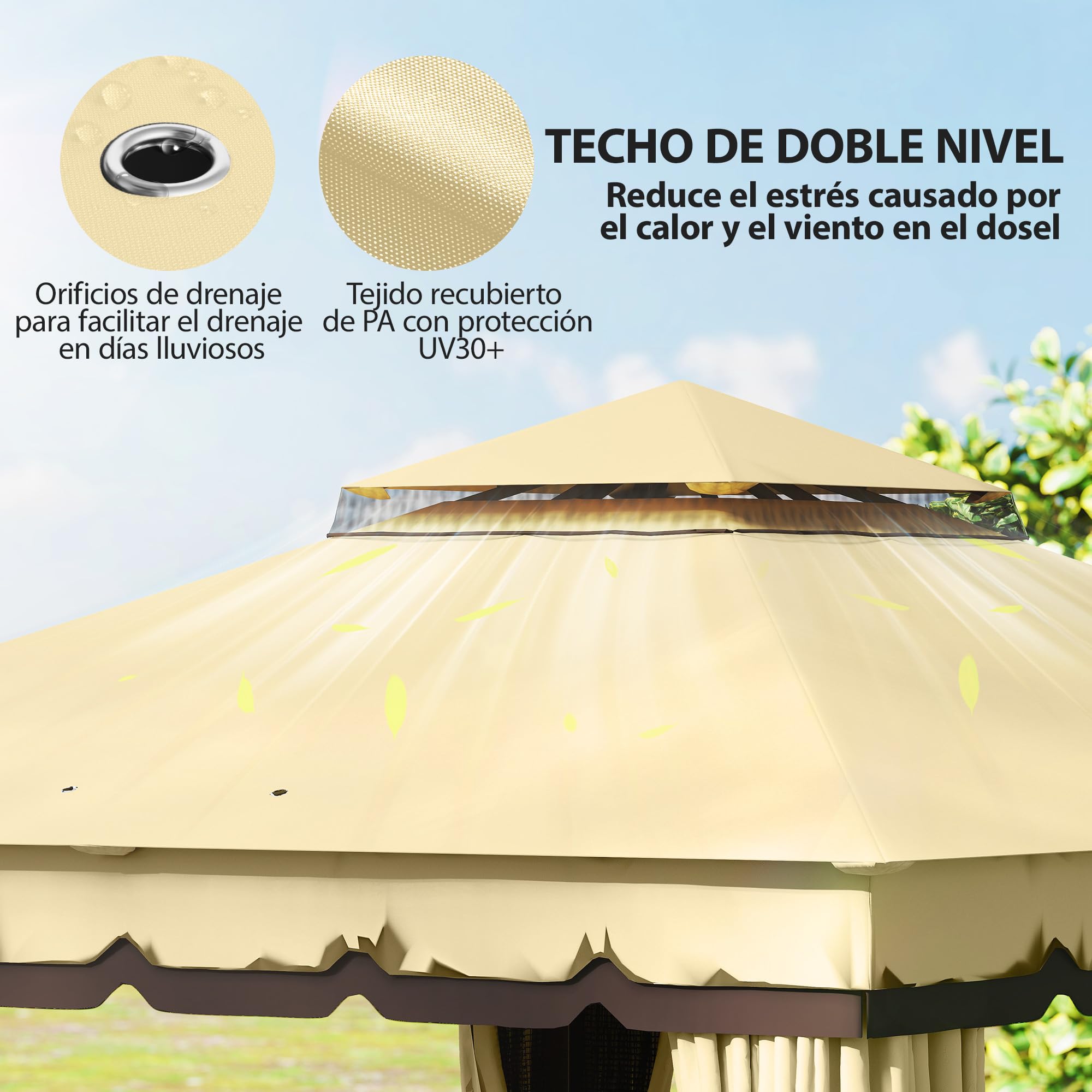 Outsunny Cenador de Jardín 3,7x3 m, Pabellón de Jardín Gazebo con Doble Techo, 4 Cortinas y Mosquitera, Marco de Acero, Orificios de Drenaje, UV30+, para Exterior, Terraza, Patio, Beige