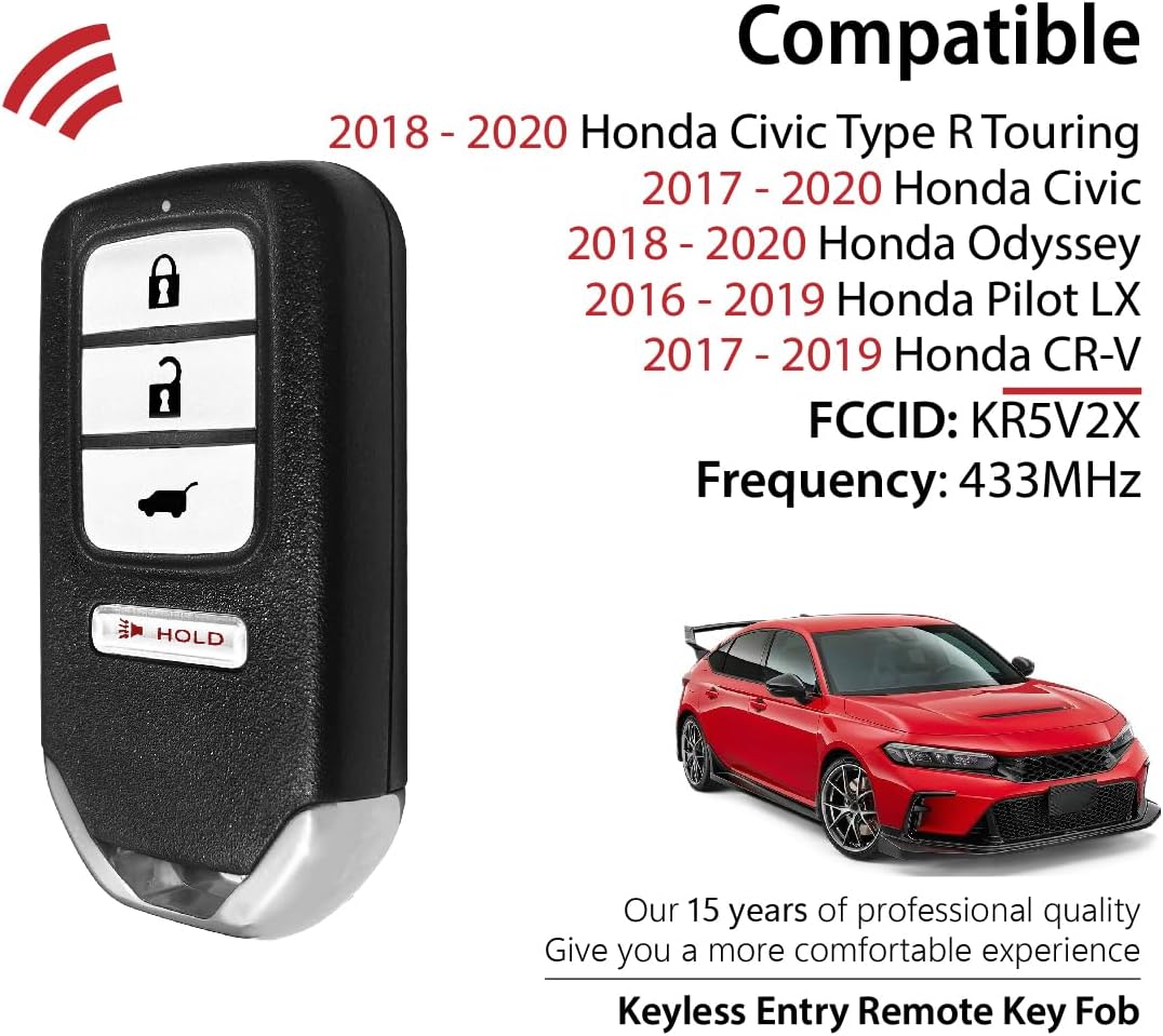 Replacement for 2017 2018 2019 2020 Honda Civic Odyssey Pilot LX CR V Key Fob Remote Control KR5V2X 4 Buttons 433MHz