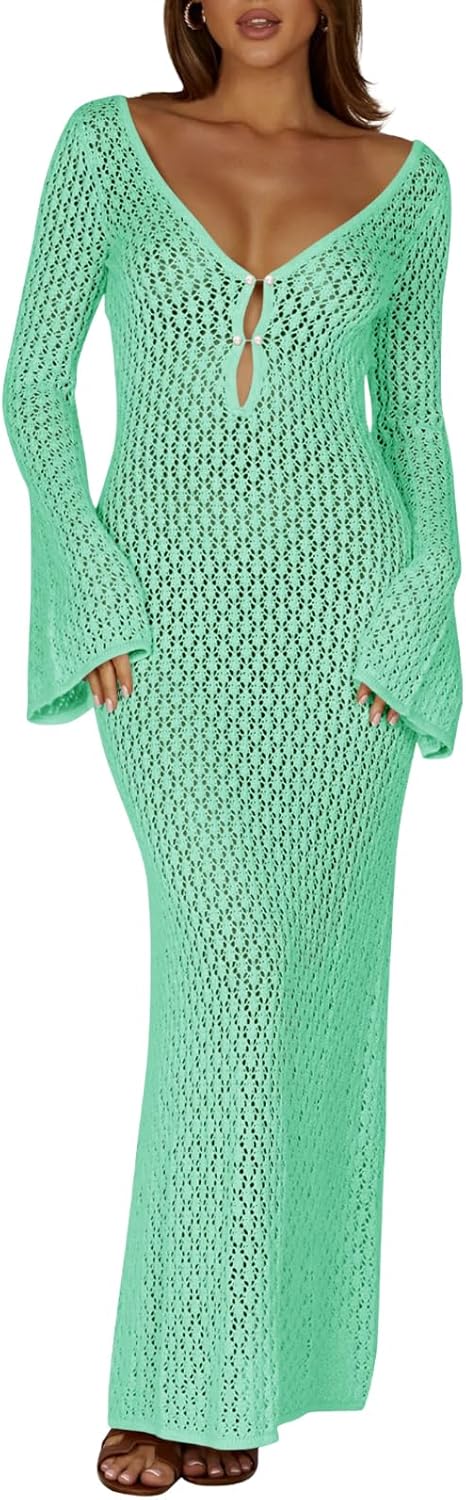 Saodimallsu Womens Crochet Maxi Cover Up Dress Beach Swim Vacation Coverups Long Sleeve Sexy Bodycon Summer Knit Dresses