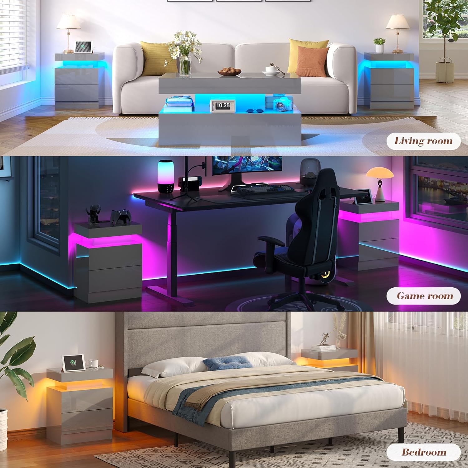 Nightstand Set of 2 with Charging Station and LED Light, Modern Side Table with 2 Drawers and Open Storage Shelf, End Table for Bedroom, Grey