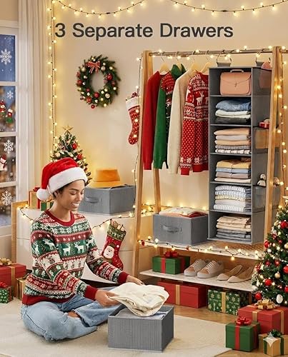 Miniatura 2 de Pipishell Organizador colgante de armario con 6 estantes, estantes colgantes para armario con 3 cajones extraíbles y bolsillos laterales para