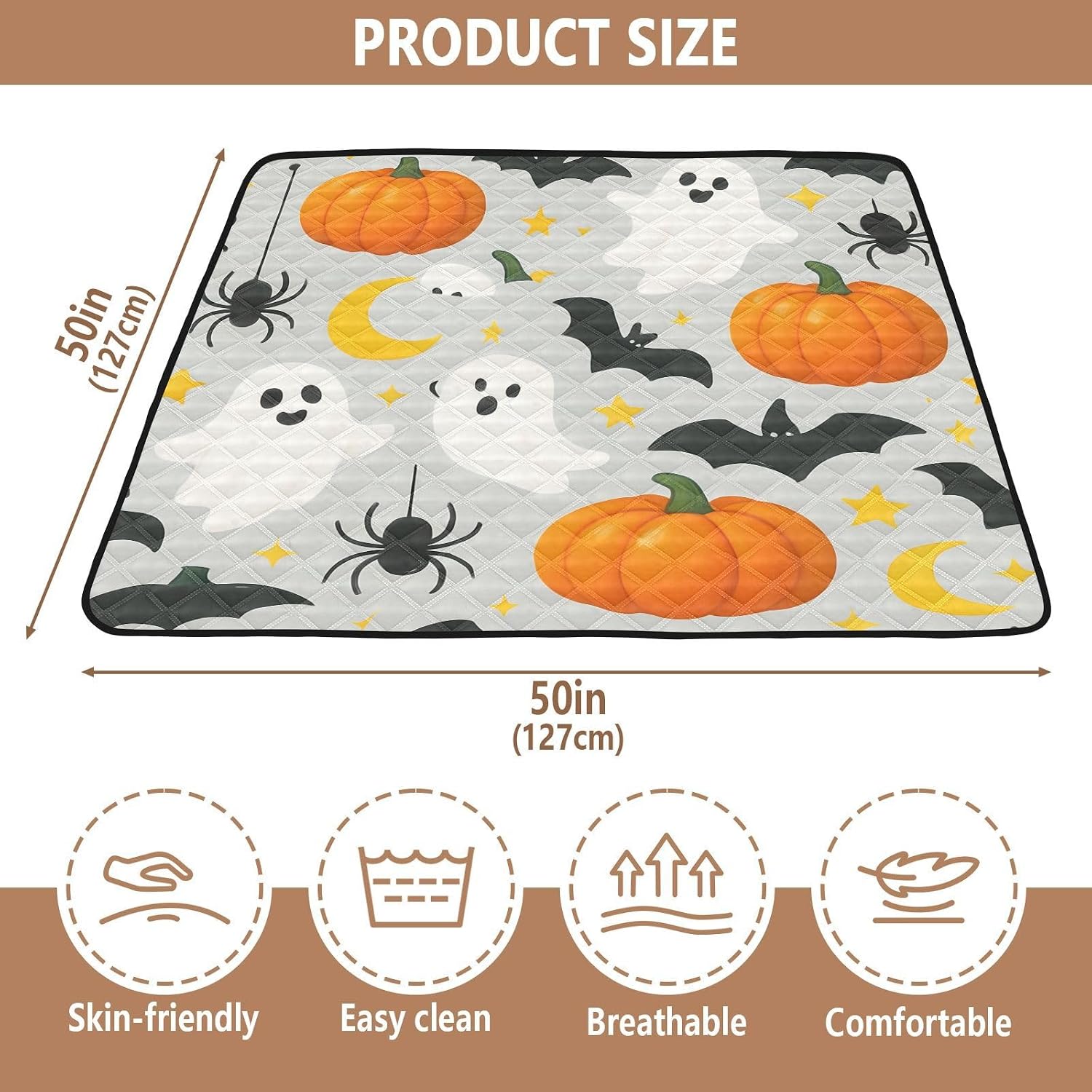 Halloween Ghosts & Pumpkins Baby Play Mat, 50“ X 50” Washable Folding Crawling Mat, Baby Floor Mat, Soft, Non-Slip