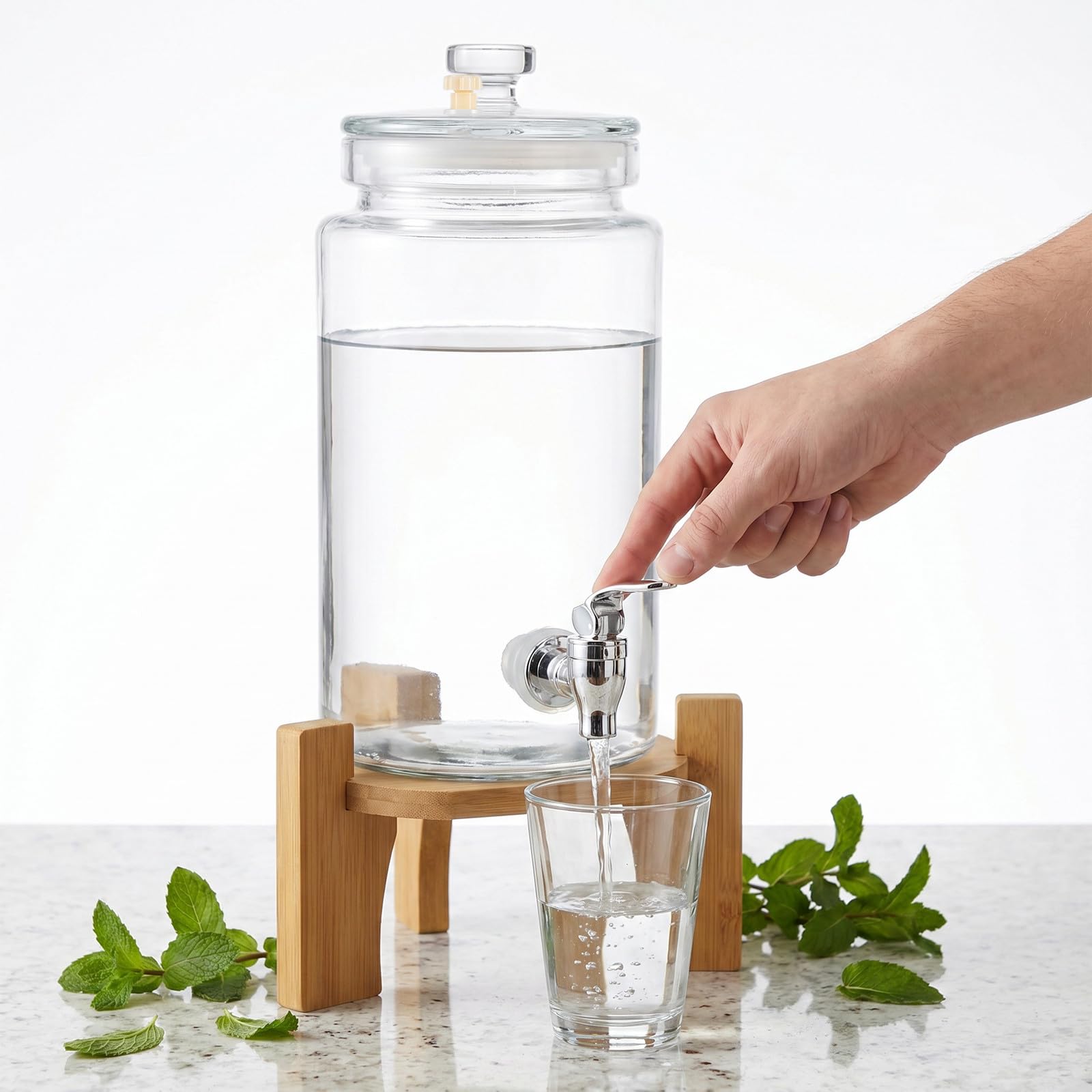 Operitacx Getränkespender aus Glas mit Holzständer, 2,5 Liter (0,66 Gallonen) für Partygetränke, Wasserkrug für Buffets und Theken, geeignet für Limonade, Saft, Tee und Kaltgetränke