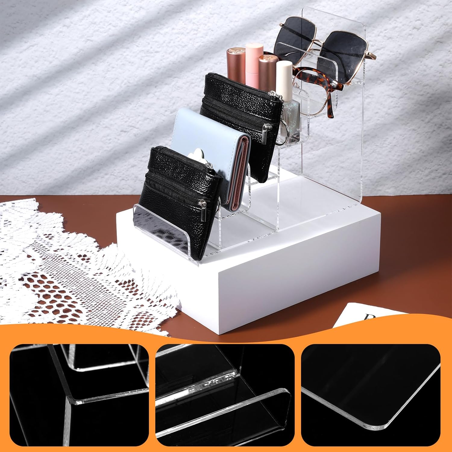 Giantree Acrylic Wallet Display Stand, 2 PCS 6 Tier Clear Purse Handbag Organizer Jewelry Riser Display Stand 7.8 Clear Multi Slot Counter Table Shelf for Cosmetic Perfume Sunglasses Handbag