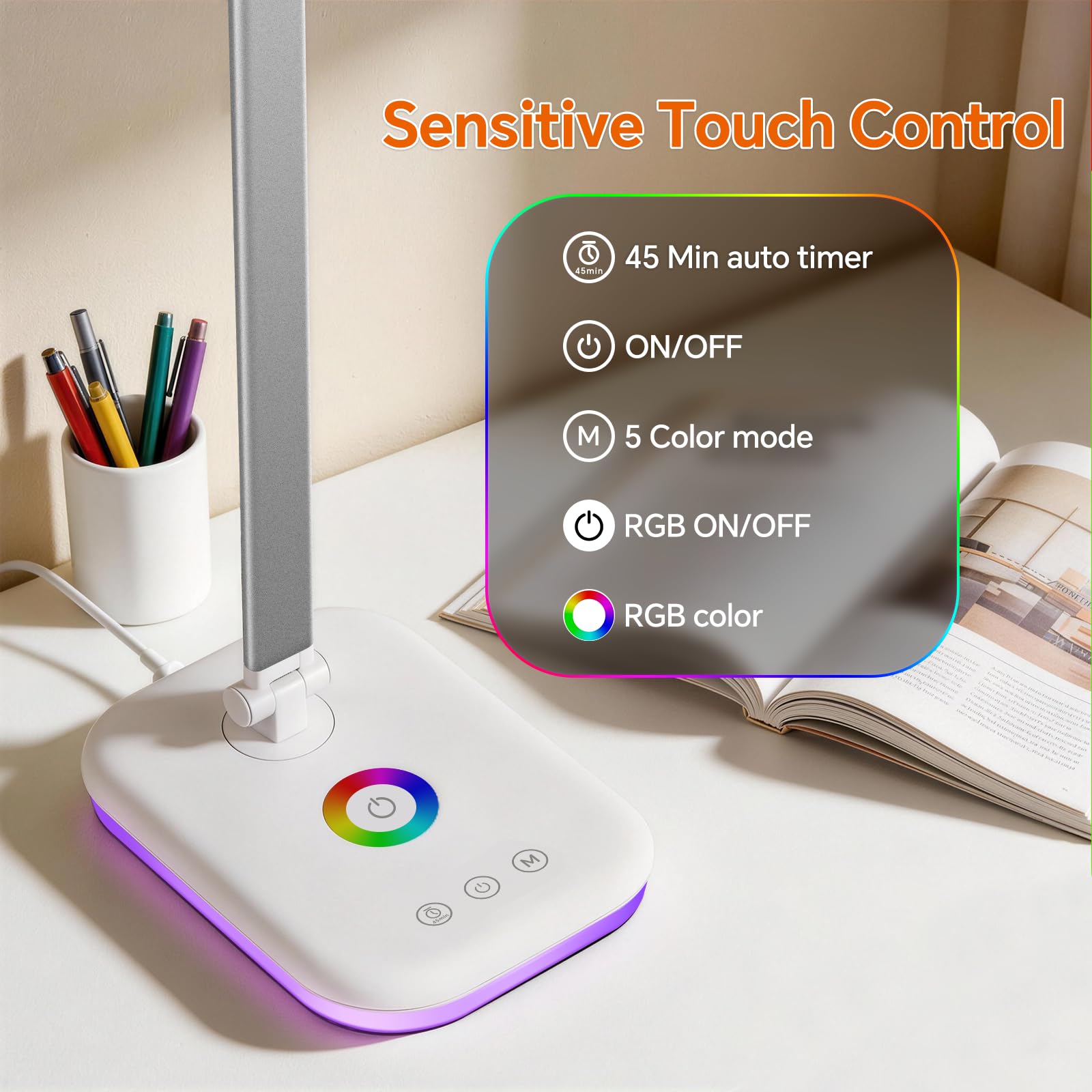 Schreibtischlampe LED Dimmbar 10W, Tischlampe mit 5 Farb und 10%-100% Stufenloses Dimmen, Desk Lamp USB Ladeanschluss Touch Steuerung, RGB Nachttischlampe, für Kinder, Schlafzimmer, Lektüre(Weiß)
