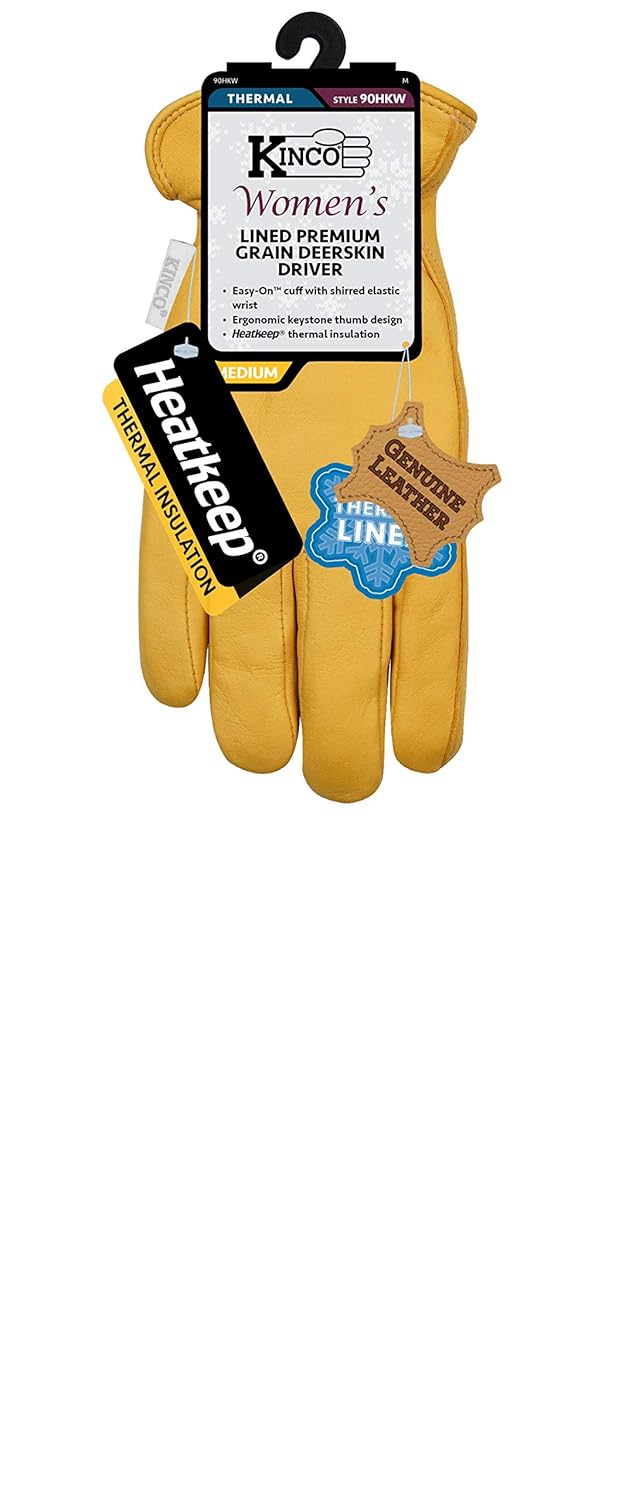 Kinco - Women's Golden Full Grain Deerskin, Easy-On™ Cuff, Shirred Elastic Wrist, Leather Hem, Keystone Thumb Design Heatkeep® Thermal Insulation, Medium