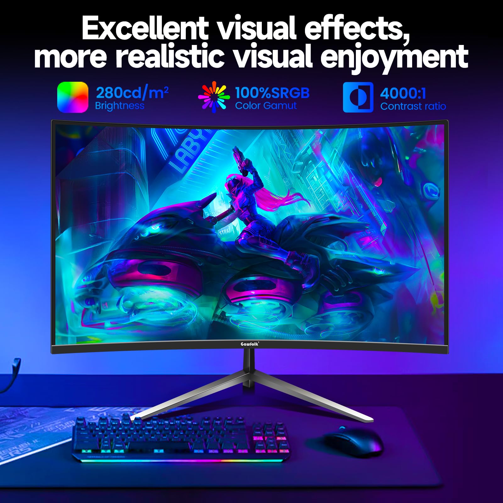 Gawfolk Monitor da gioco da 32 pollici 1800R curvo monitor per computer 165HZ/180HZ schermo VA per casa, ufficio e dormitorio, supporto a parete