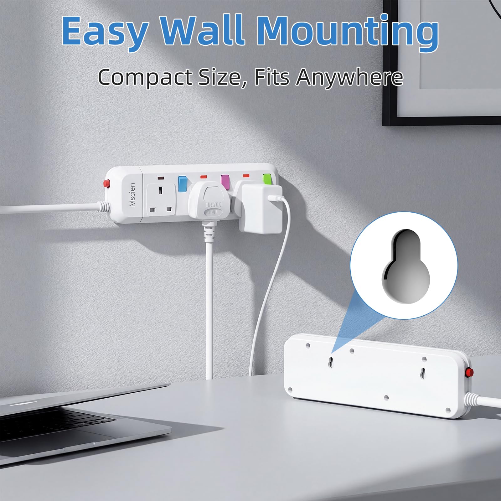 Mscien Extension Lead 1M 3 Way, Fused 3 plug Extension Socket with Individual Switches Mountable Overload Protection Power Strips with 1 Metre Extension cable 2500W — view 5