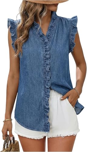 Jean Vest Ruffle Tank Top Button Down Peplum V Neck Ruffle Sleeveless Jean Shirt