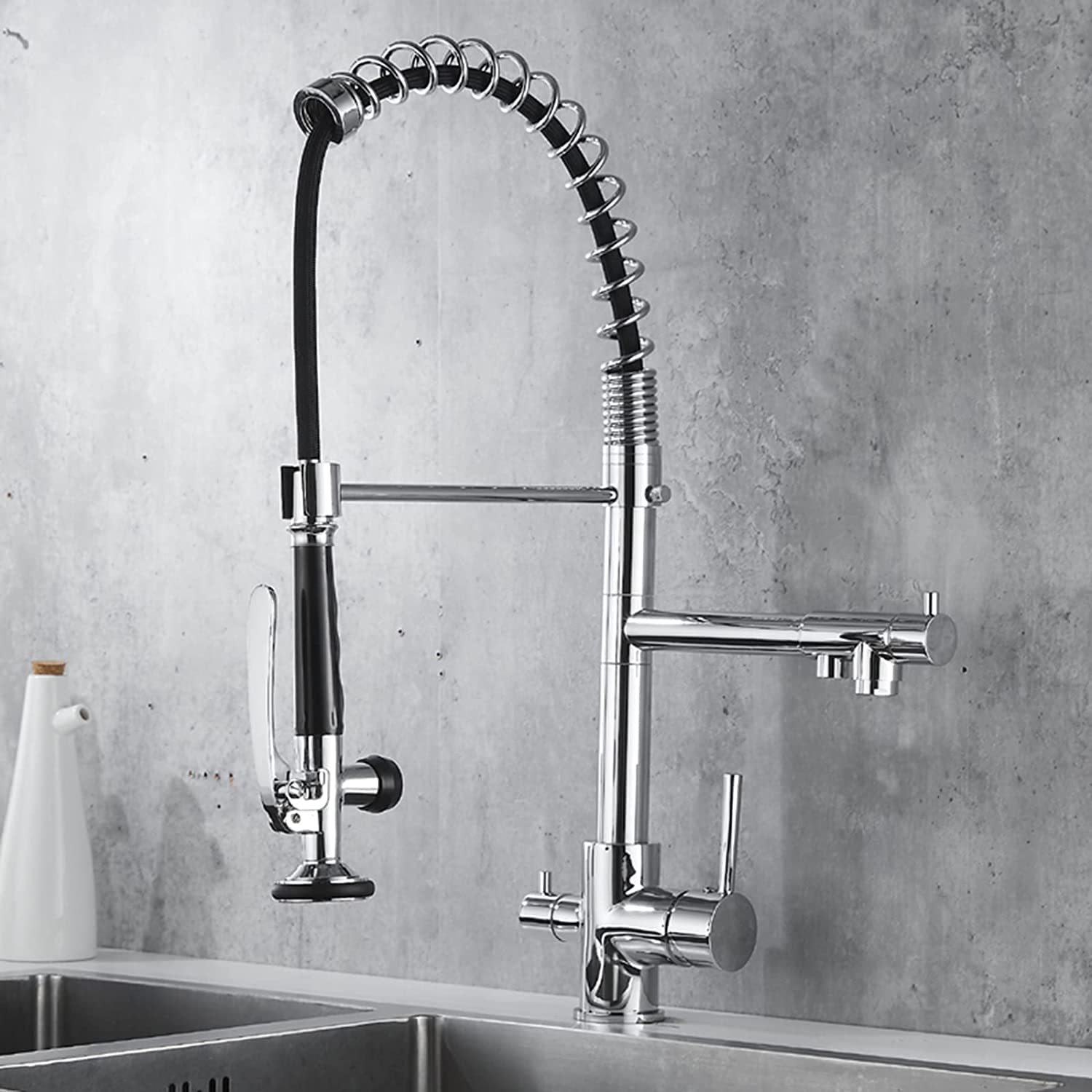 Mitigeur de cuisine noir et chrome avec ressort et voies pour eau filtrée