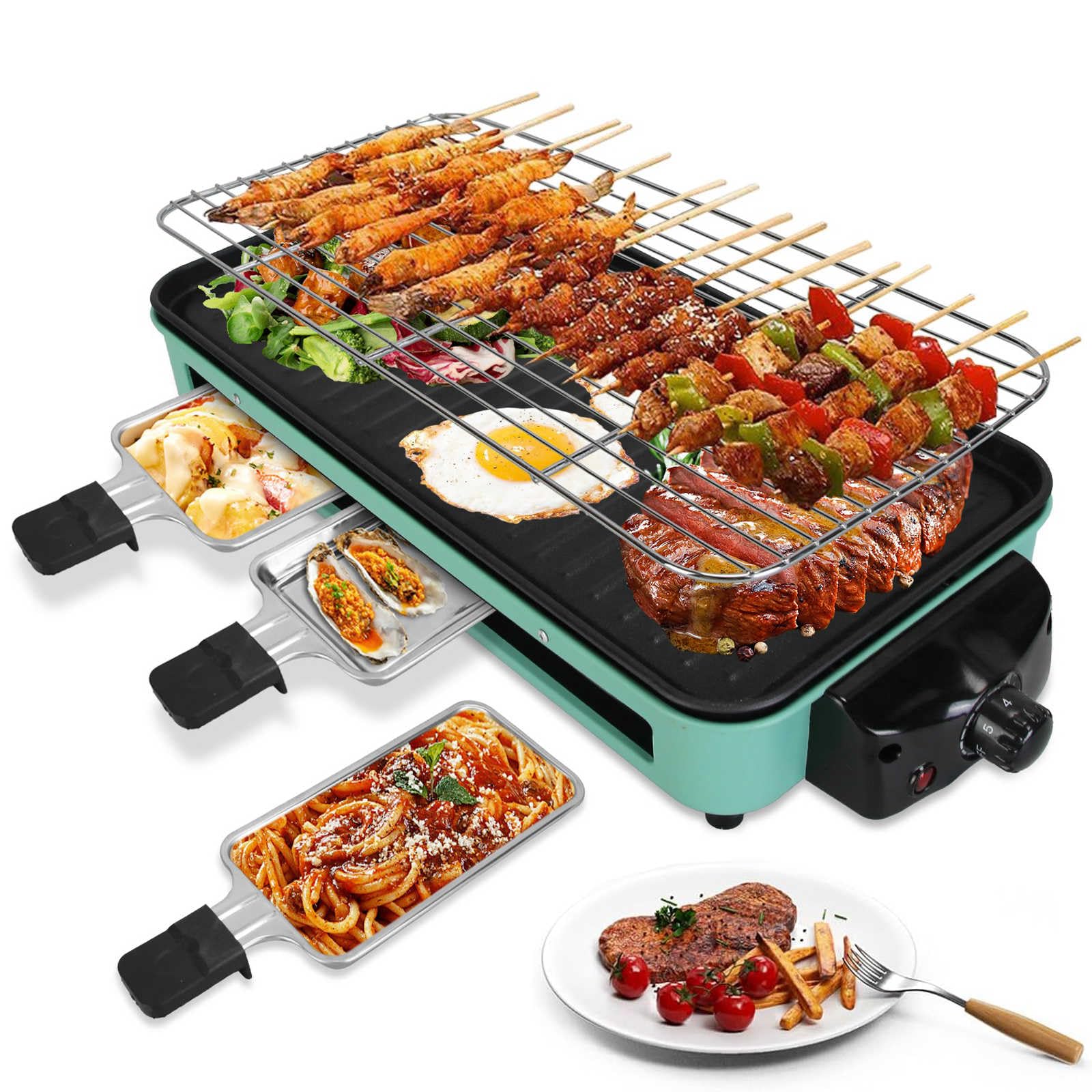 TeqHome Electric Indoor Grill,1500W 2 in 1 Smokeless Raclette Table Grill for Kitchen,Barbecue Korean BBQ Grill with Grill Net,Non-Stick Cooking Removable Plate,5 Temperature Control & Dishwasher Safe