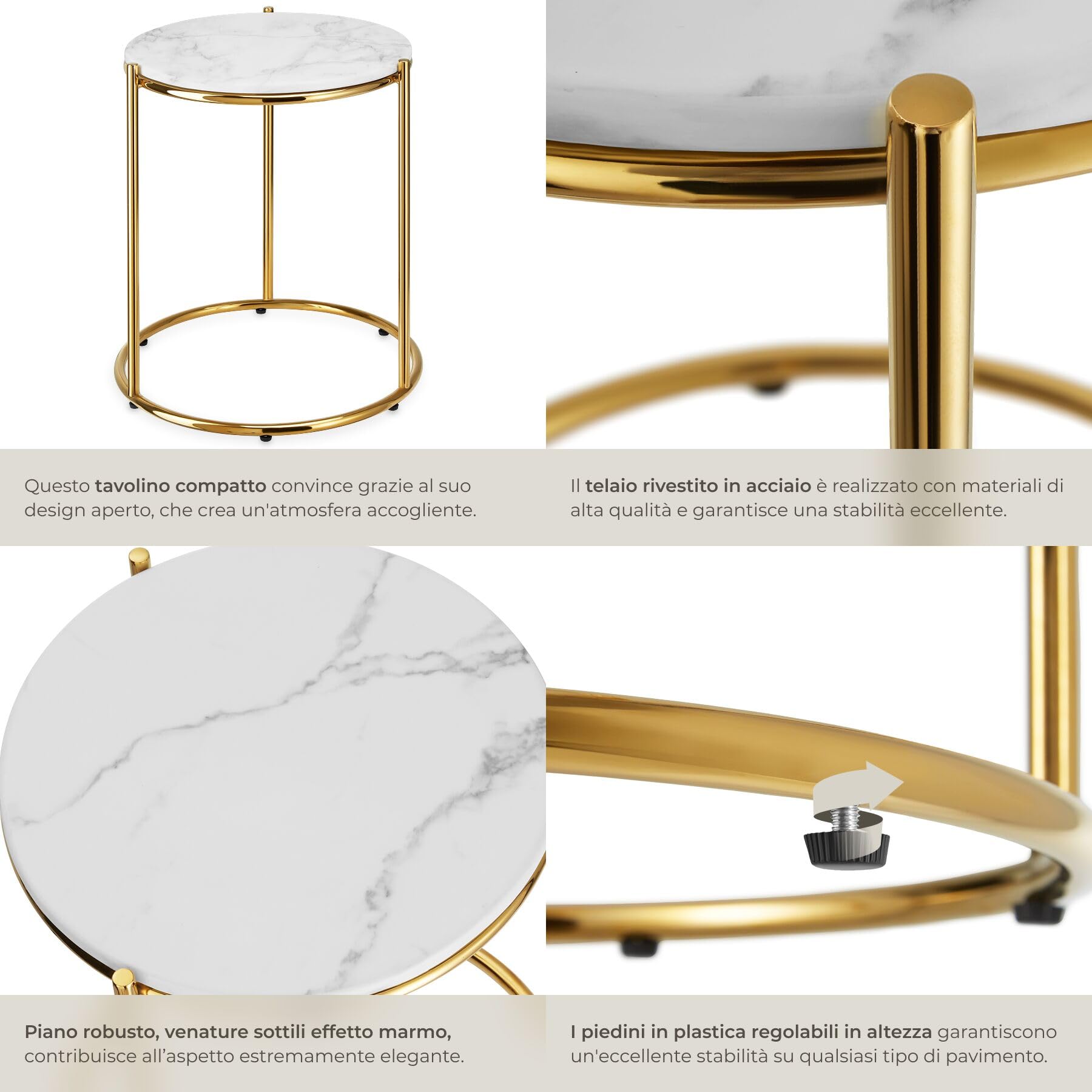 tectake® tavolino salotto in marmo, base in metallo, tavolino da caffè, tavolo basso rotondo, tavolino basso in marmo moderno per salotto, soggiorno,metallo, design, tavolo da balcone - Bianco/Oro