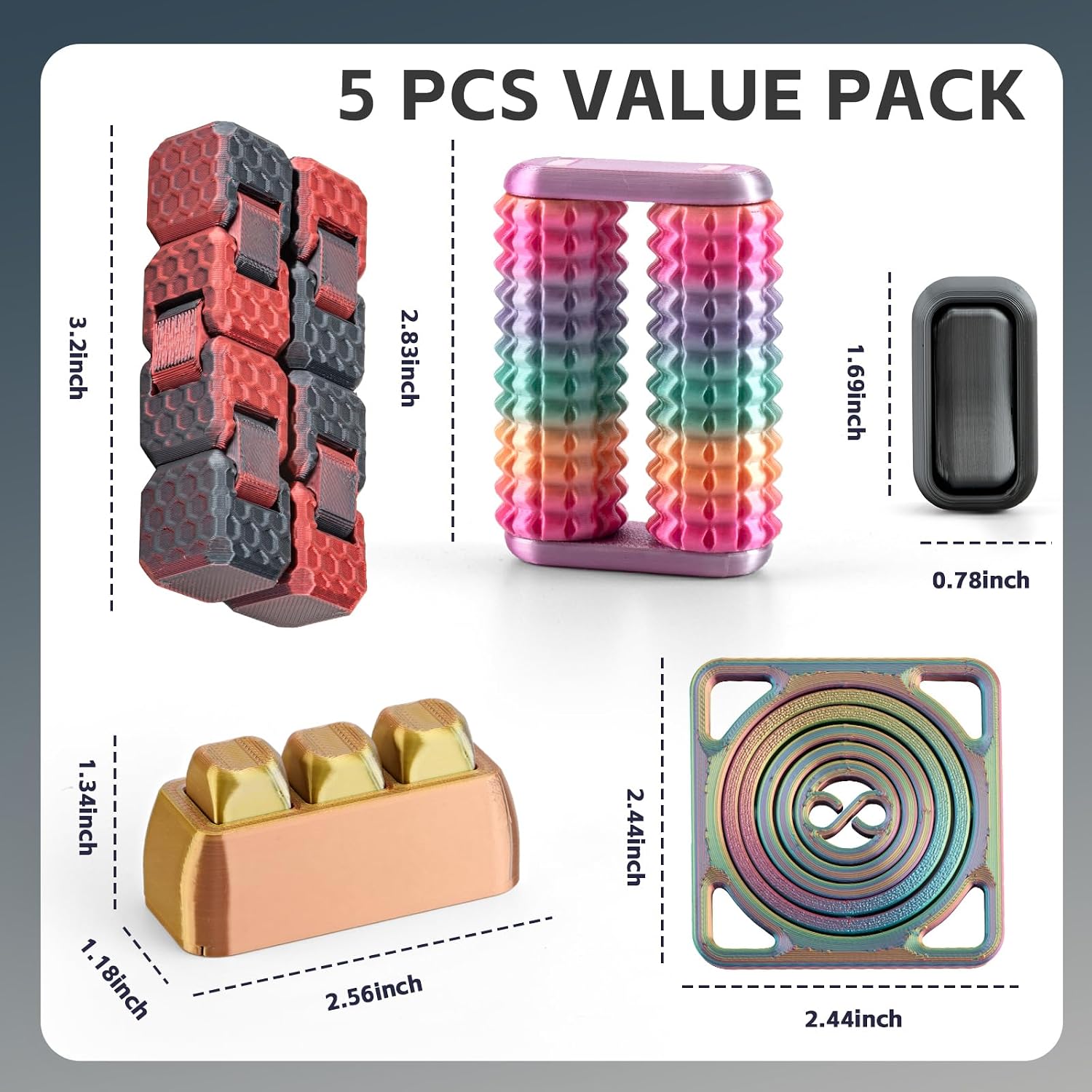 Fidget Toy Set with Infinite Twist Cube, Cube Spinner, Stress Relief Keyboard, Button Fidget, and Massage Roller, 5 Piece