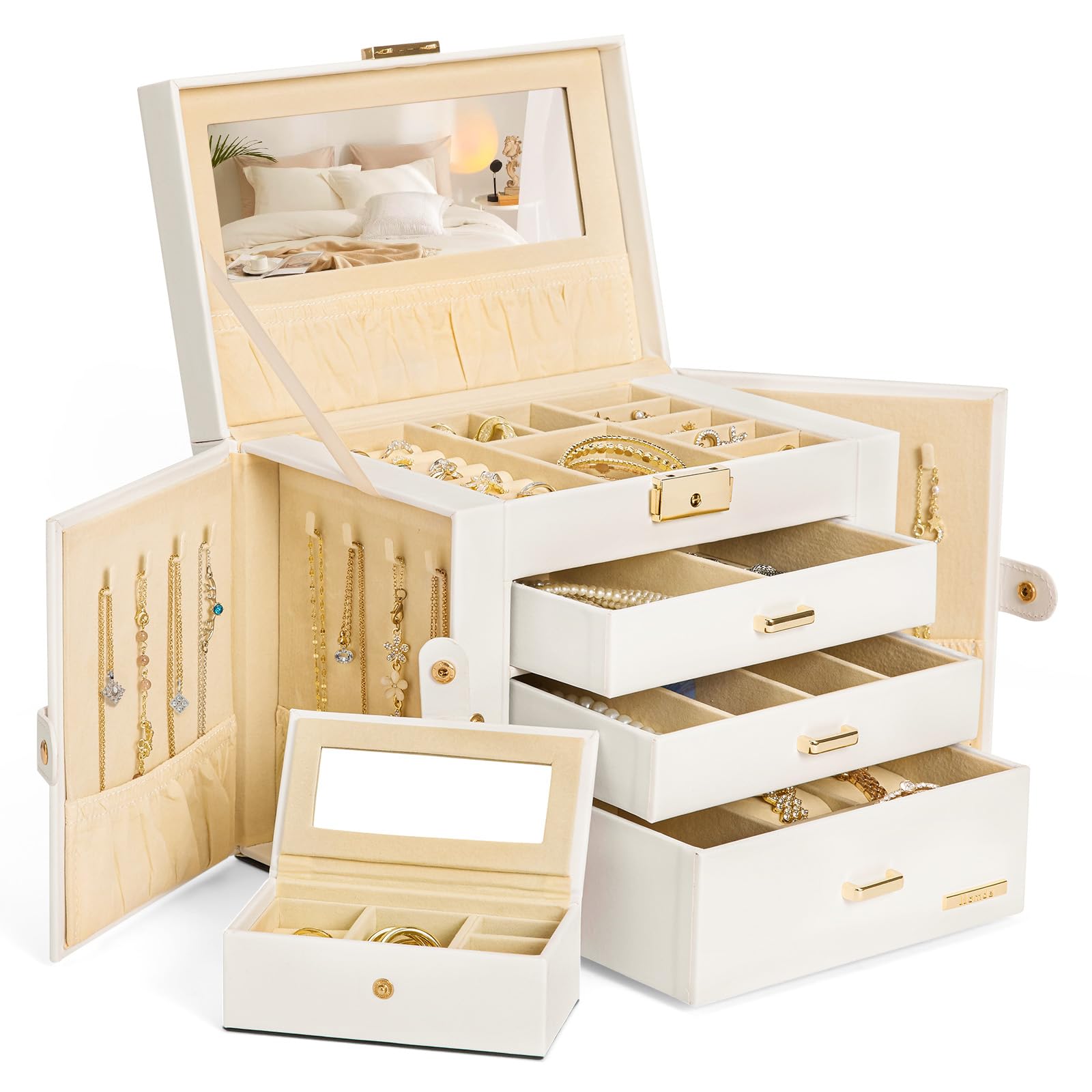 Homde 2 IN 1 Jewelry Box for Women Girls with Small Travel Case Mirror Necklace Ring Earrings Organizer