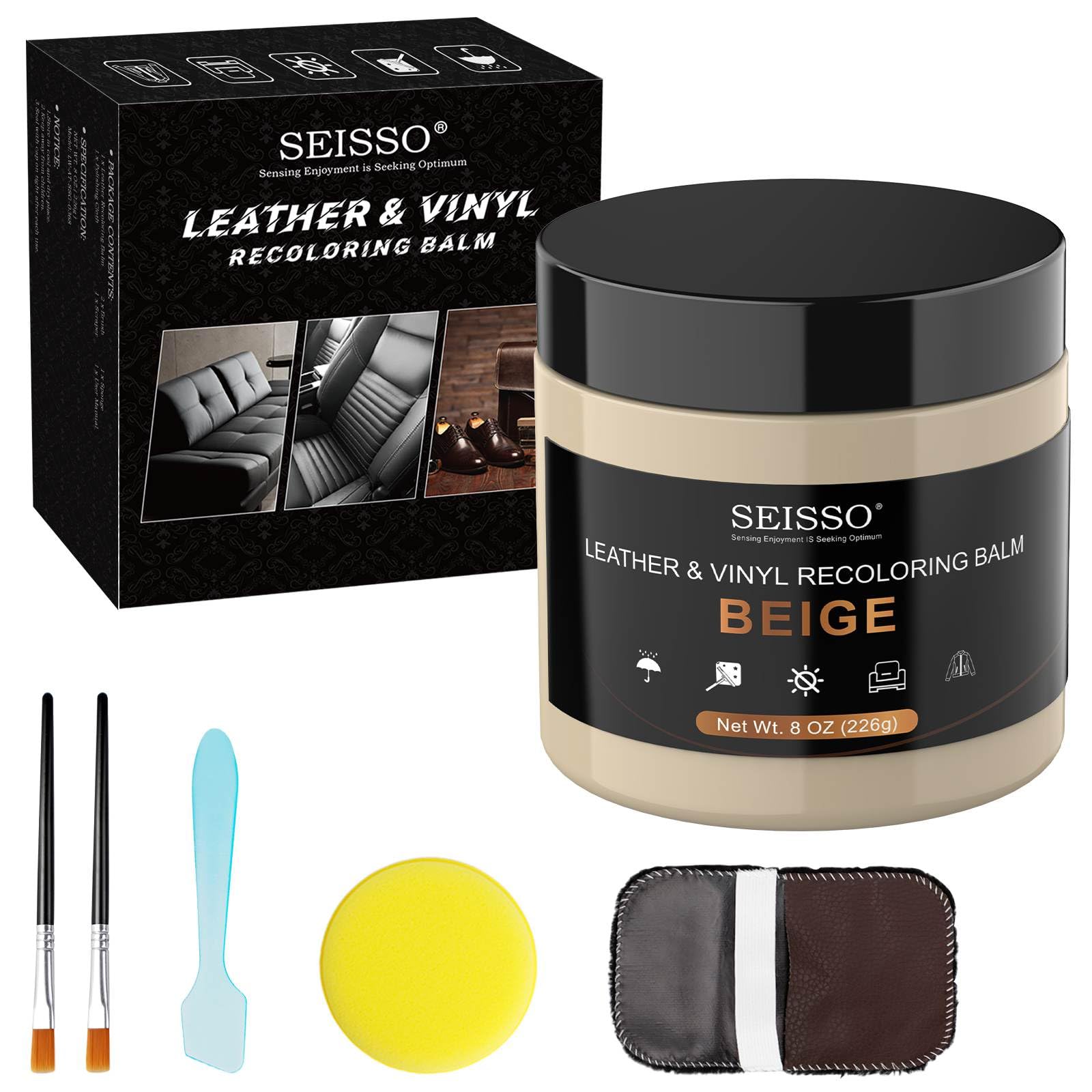 SEISSO Leather Stain Cream Restoration Kit With Brush, Squeegee, Sponge, Polishing Gloves - Color Restorer for Sofas, Jackets, Bags, Car and Bike Seats (Beige, 200g)