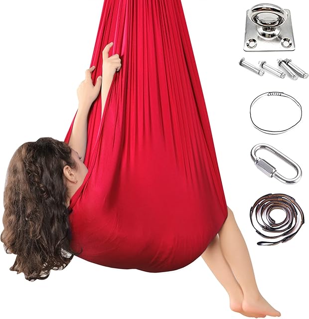 Kids Therapy Swing Hammock, Stretch Swing Hammock with 360° Swivel Hanger Hardware for ADHD Kids Autism Aspergers Sensory Integration for Kids Yoga Indoor Outdoor Patio 1.5M (Red)