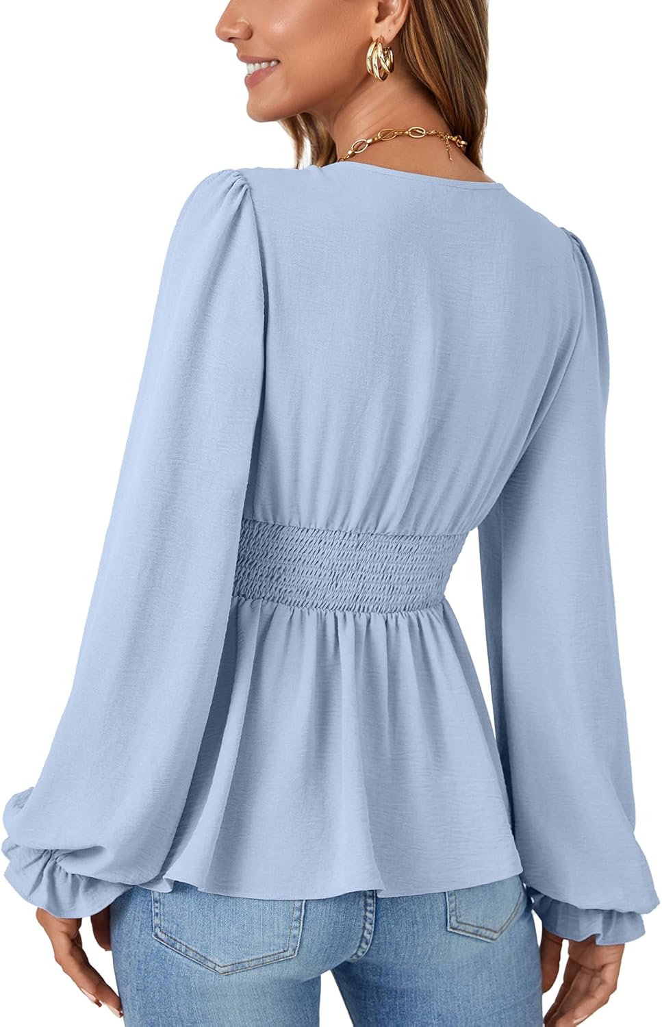 Vrtige Women's V Neck Smocked Elastic Waist Puff Long Sleeve Ruffle Peplum Top Blouse - Image 5