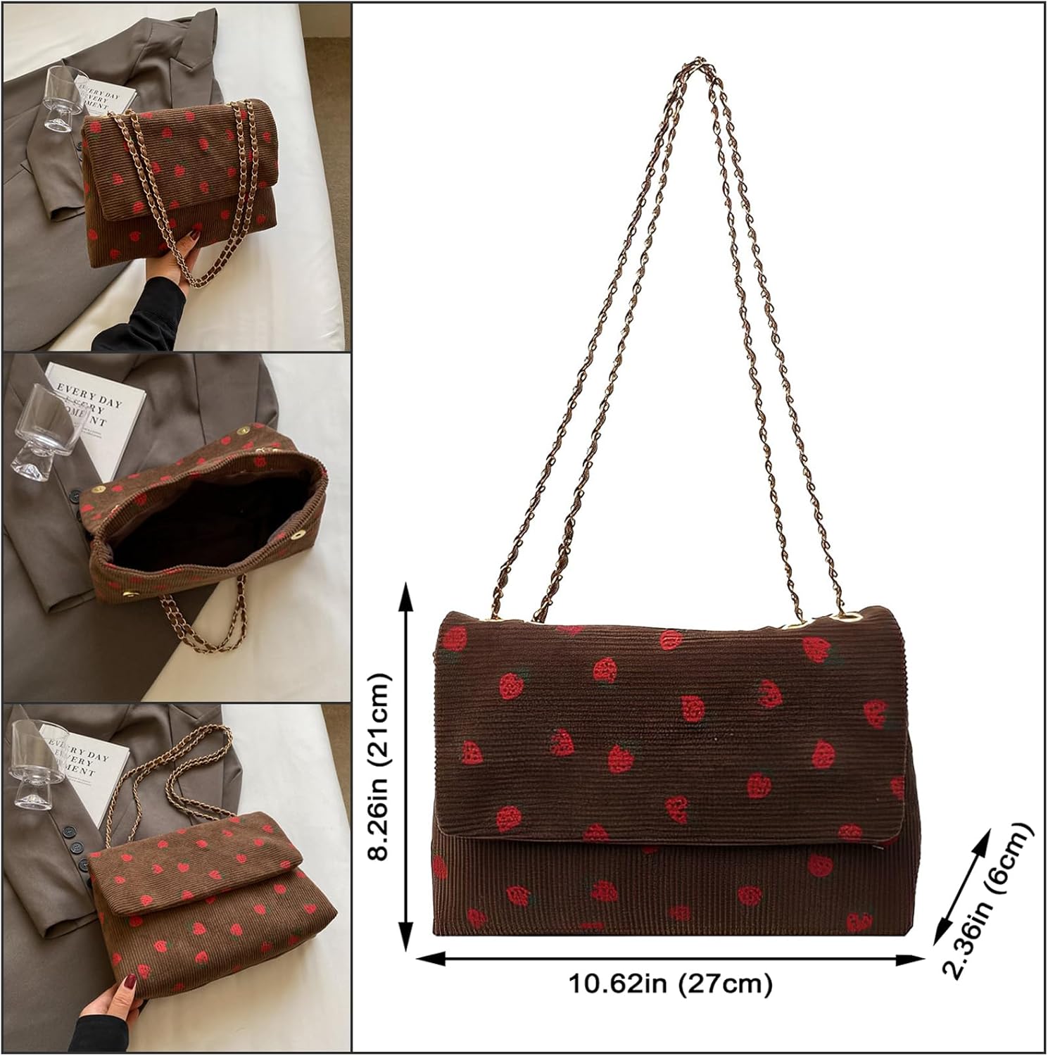 Strawberry Purse Corduroy Tote Bag for Women Cute Aesthetic Crossbody Bag Fashion Chain Shoulder Handbag Canvas Wallet - Image 7