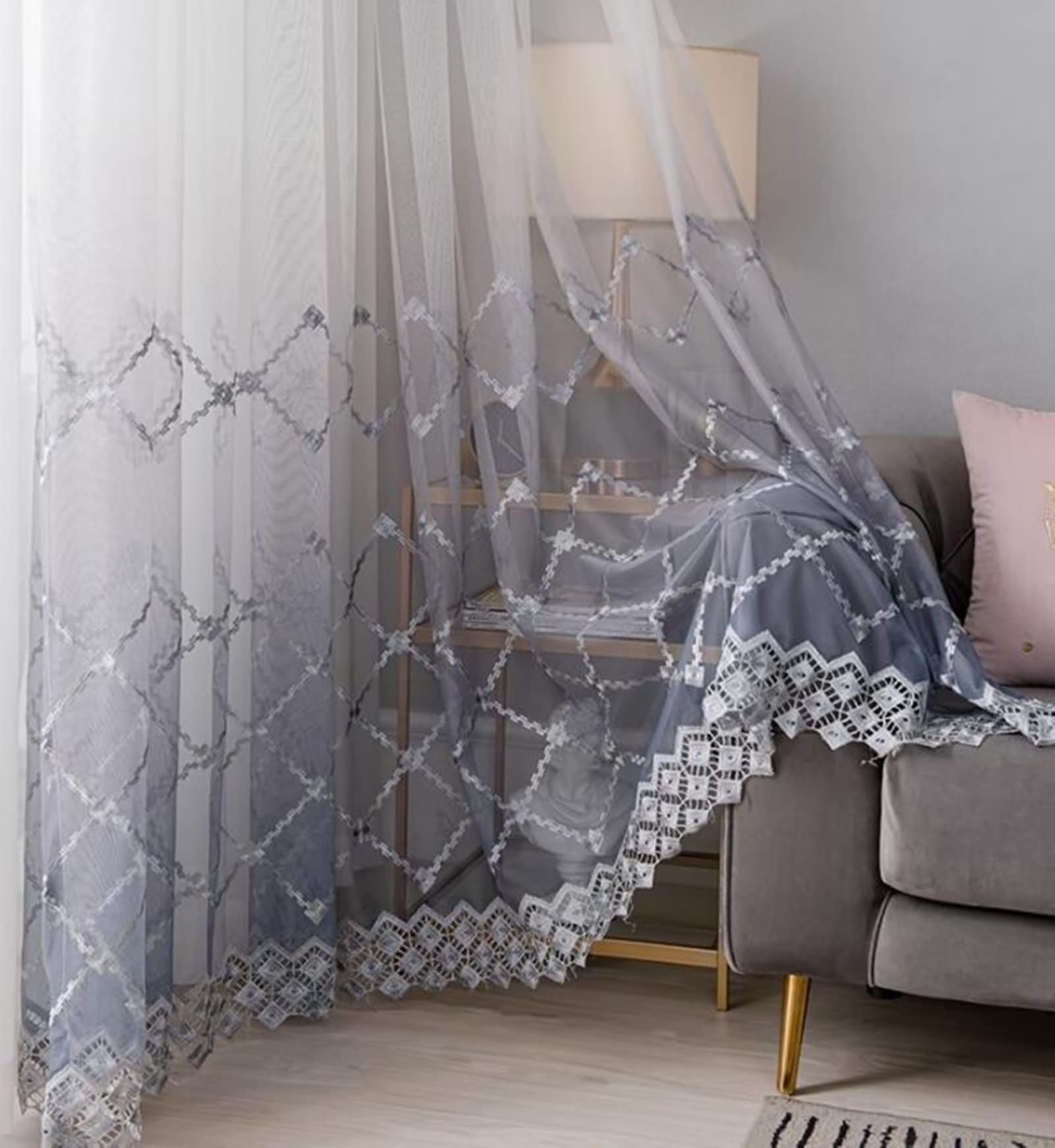 Wycian Cortinas de baño semitransparentes, color gris, paquete de 2 unidades, degradado con patrón de rombos, 107 x 214 cm