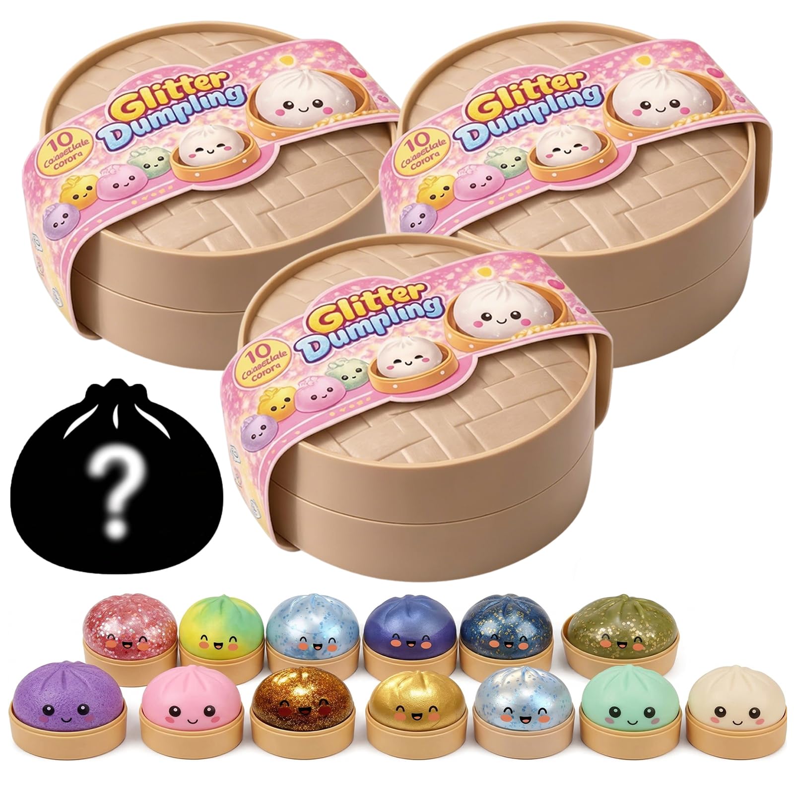 Glitter Dumpling Squishy Blind Box, Mystery Dumplings Squishy Toy with Steamer Box, Leak-Proof Upgraded Soft Texture, Improved Feel, Safety＆Gameplay, Squishy Dumpling Toy for Kids Adults, 9.5cm (3 PC)