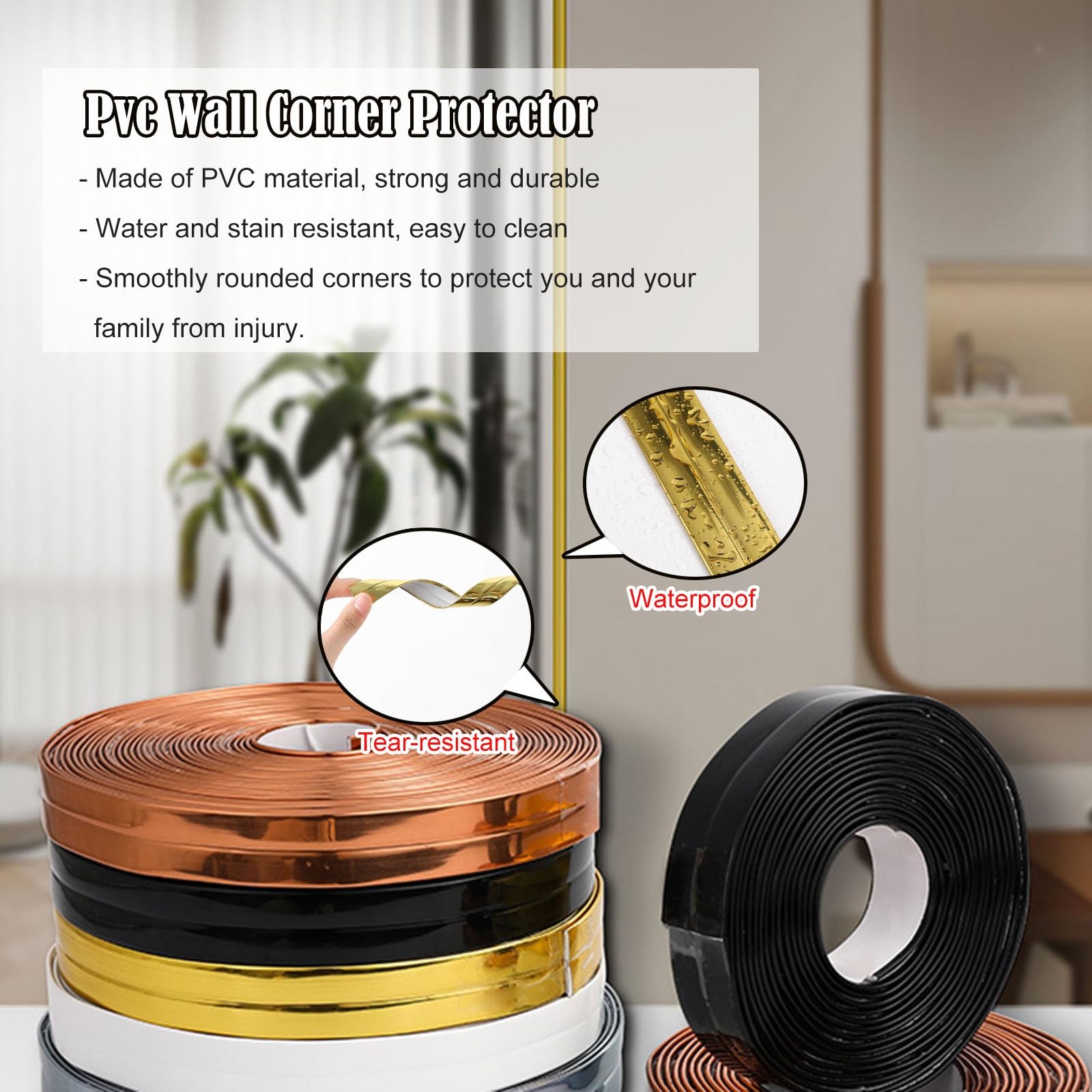 Protectores de Esquina Dorados para Paredes, Borde de Borde/Tira Protectora con Adhesivo Fuerte para Pintura, Papel Pintado, lágrimas, Huellas Dactilares, Bloqueo de Perros, Gatos, Masticar, Borde de