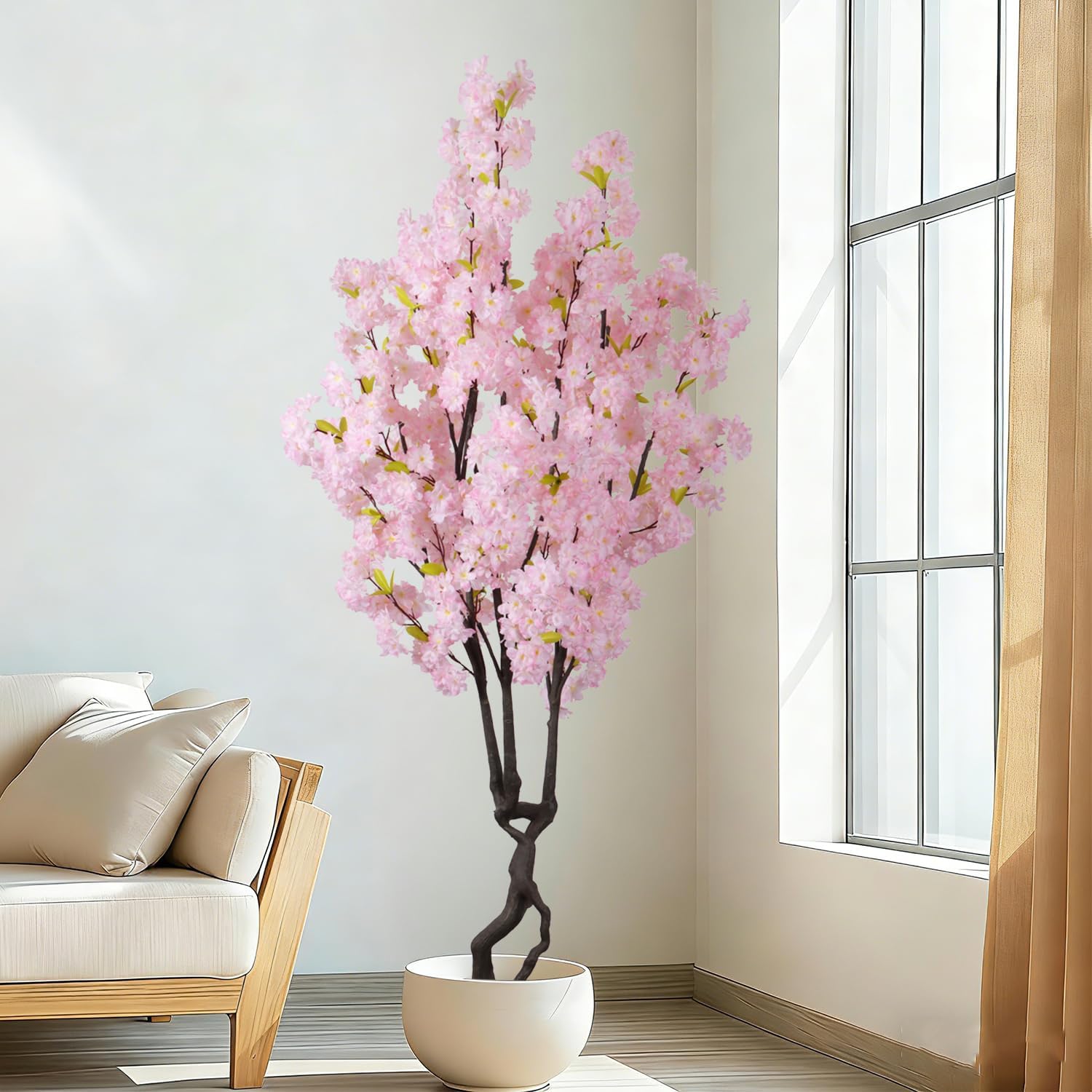 artificial pink cherry blossom tree,7ft(84in) faux japanese sakura indoor decoration,natural fake cherry floral tree outdoor decor,realistic silk pink flowers for living room,office,wedding party cherry blossom(pink 2) 7ft