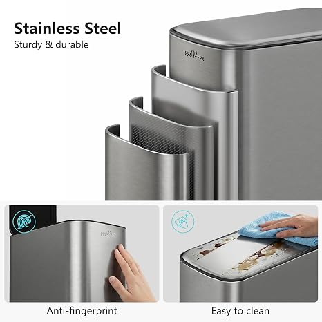 mVm Small Slim Bathroom Bin, 9L Stainless Steel Trash Can with Lid, Fingerprint-Proof Compact Waste Bin for Bathroom, Bedroom & Office (Grey, 9L)