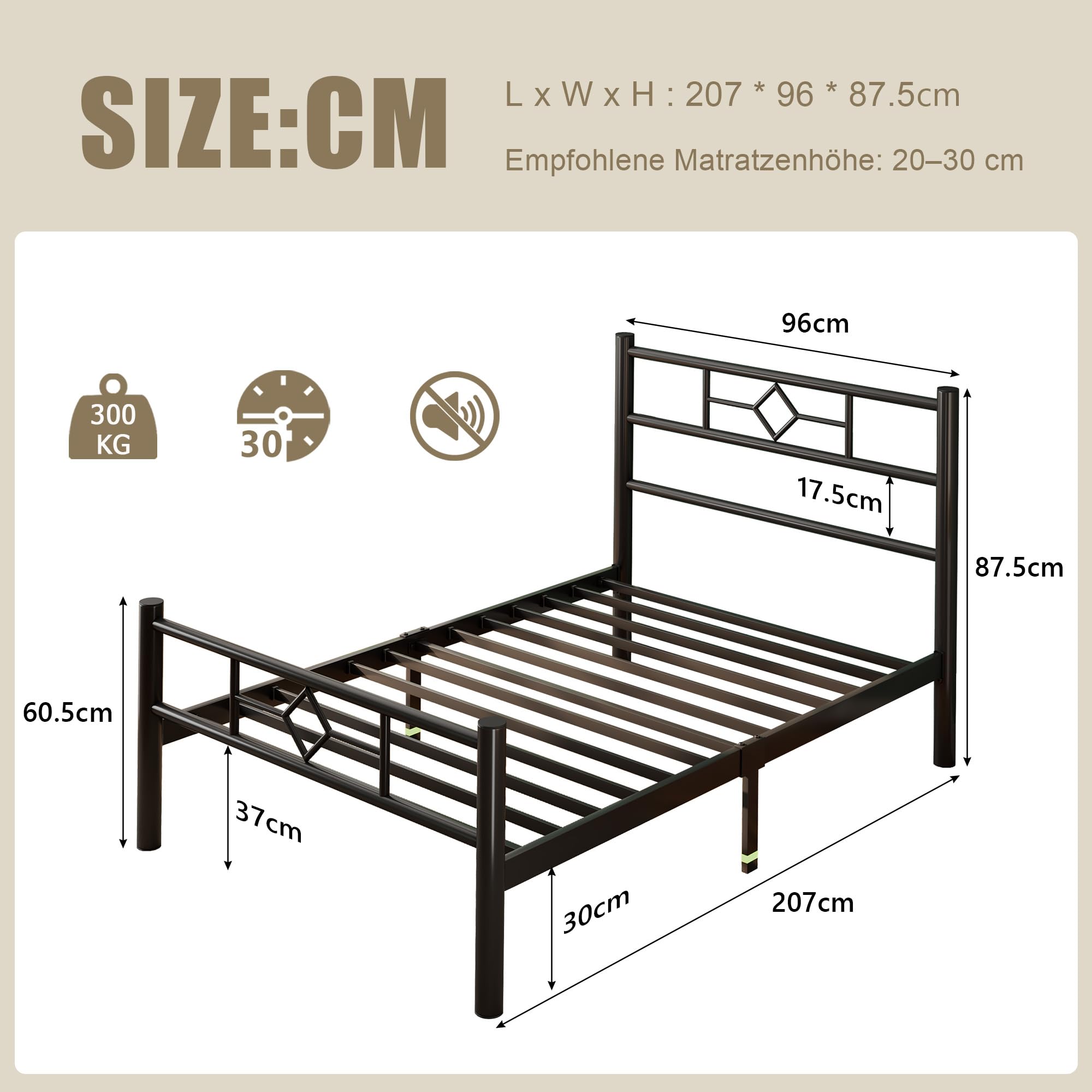 FEONASE Cama de metal 90 x 200 cm, cama 90 x 200 cm con cabecero y reposapiés, estructura de metal macizo, cajonera de fácil montaje, color negro