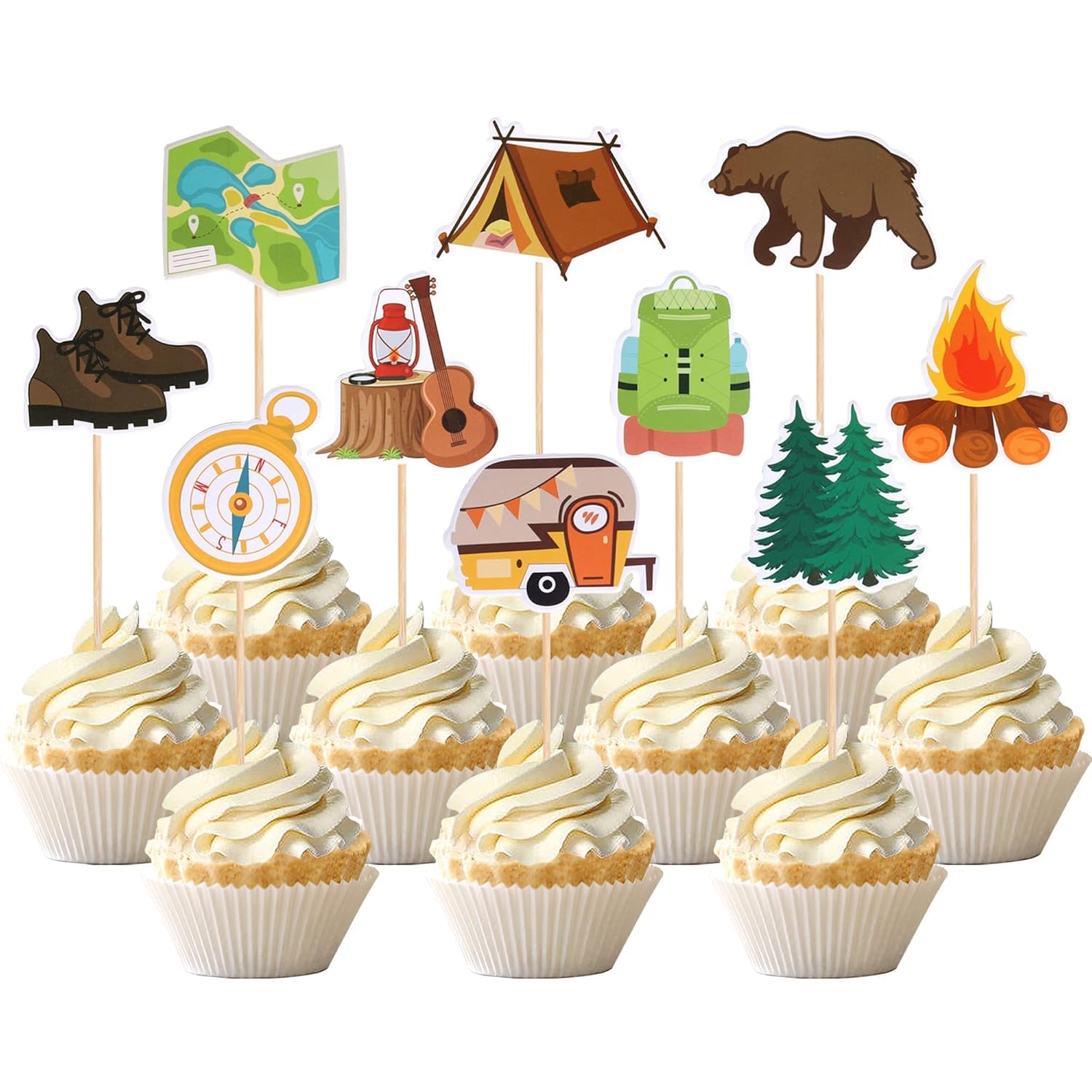 Pack of 30 Camper Theme Cake Decoration Tree Bear Tent Campfire Guitar Cupcake Toppers Beautiful Camping Cake Decoration for Weekend Outdoor Theme Birthday Party Cake Decorations
