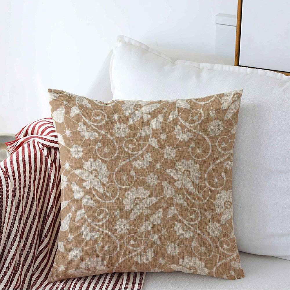 Decorative Throw Pillow Cover Brown Fashion Abstract Beige Lace Floral Pattern Dresses Flower Mesh Retro Old Ornamental Texture Cushion Case for Couch Sofa Couch Linen Home Decoration 18x18 Inch