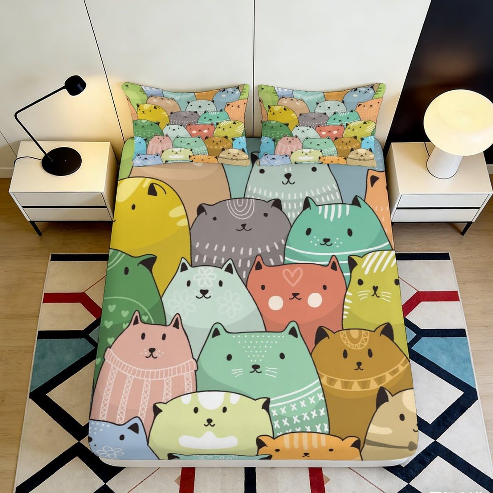 3D Printed Colorful Cartoon Cats Fitted Sheet Microfiber Soft Durable Cute Cat Pattern Bed Cover for Bedroom Dormitory Guest Room Mattress Protection 120x200x25cm
