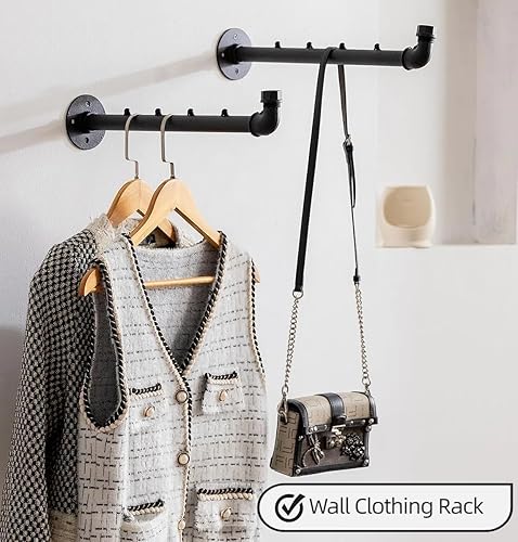 Miniatura 6 de Percheros industriales de pared para tuberías de ropa - Colgador de ropa de metal resistente con gancho, soportes para prendas montados en la pared,