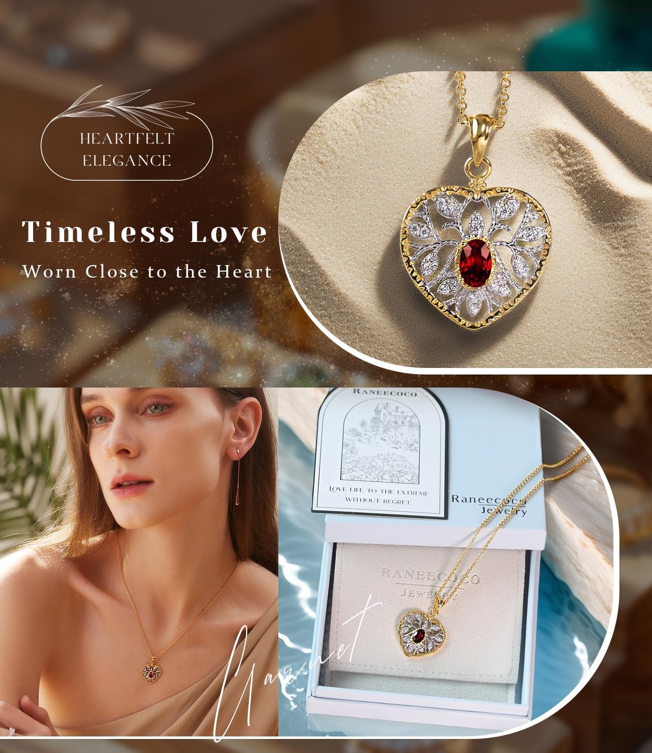 Raneecoco Natural Gemstone Necklace for Women 18K Gold Plated Sterling Silver Two-Tone Tree of Life & Love Heart Pendant Jewelry | Dainty Birthstone Gift For Her Mother Wife - Image 4