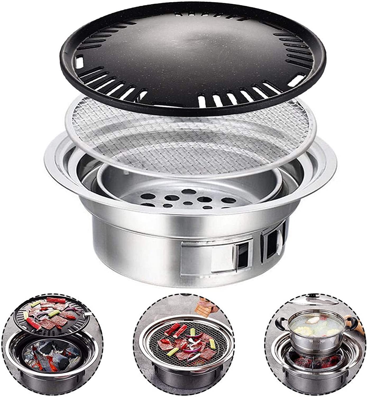 DACUN Safety certification 3-in-1 BBQ Grill, Non-Stick Bakeware & Grid & Hot Pot, Portable Charcoal Barbecues Grills, Round Barbeque Grill, Outdoor Smoker BBQ Grill for Camping Picnic Patio Garden